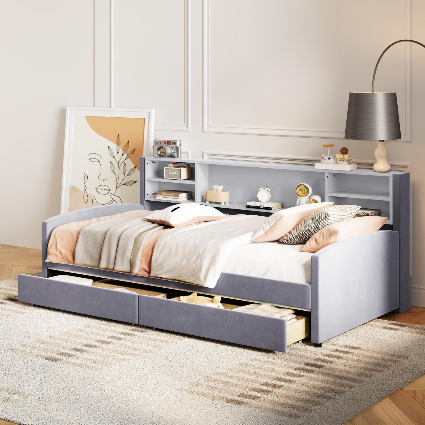 Merax Twin Size Upholstered Platform Bed with Storage and Drawers, Gray