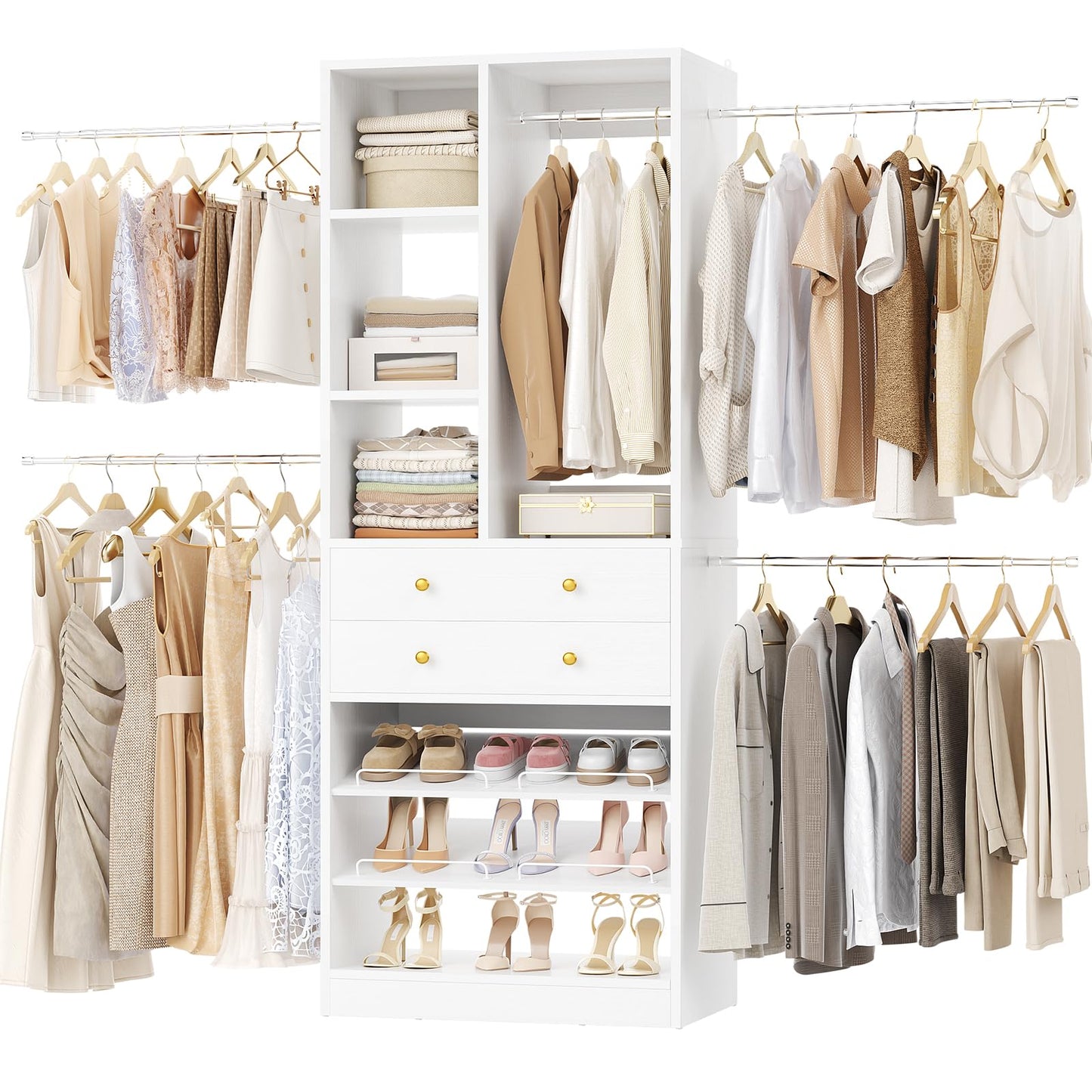 Besiost Closet System, 4.2–8.8 FT Closet Organizer with 2 Wooden Drawers and Shelves, Walk-in Closet System with Hanging Rods, Built-in Closet Tower, Can Fit 60 to 96 inch, White