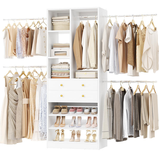 Besiost Closet System, 4.2–8.8 FT Closet Organizer with 2 Wooden Drawers and Shelves, Walk-in Closet System with Hanging Rods, Built-in Closet Tower, Can Fit 60 to 96 inch, White