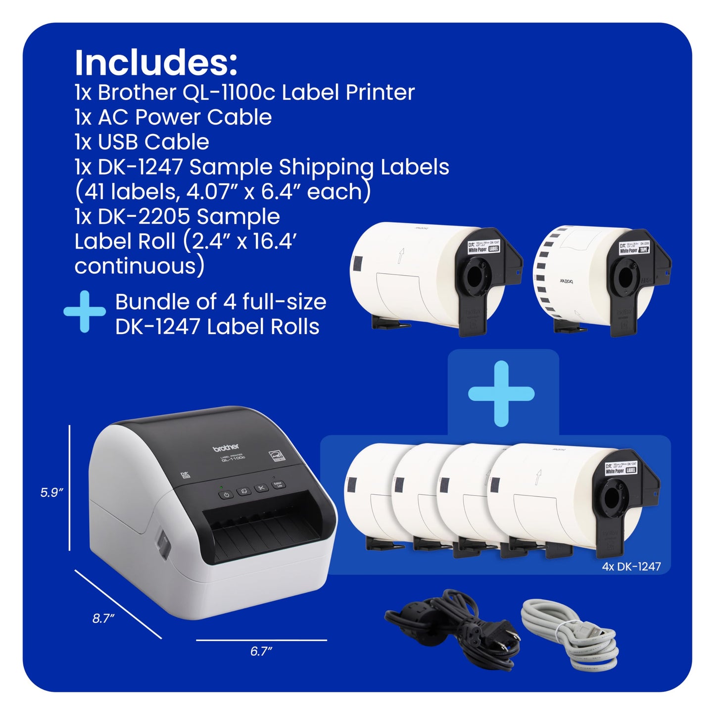 Brother QL-1100c Bundle, Wide Format Label Printer, Prints Postage Labels, Barcode & QR Code, USB Connectivity, Plus 4 Rolls of Genuine DK Label Tapes DK-1247 4.07” x 6.4” Die-Cut Shipping Labels