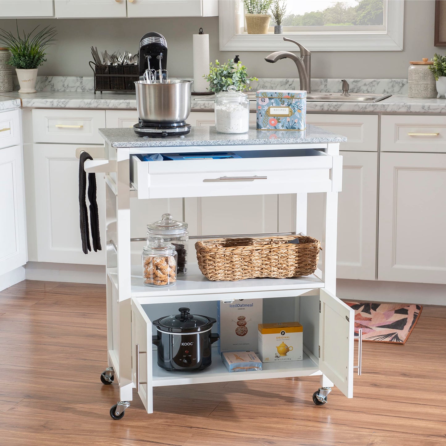 Linon Kyler White Granite Topped Kitchen Cart with Lockable Casters and Hidden Storage Spaces
