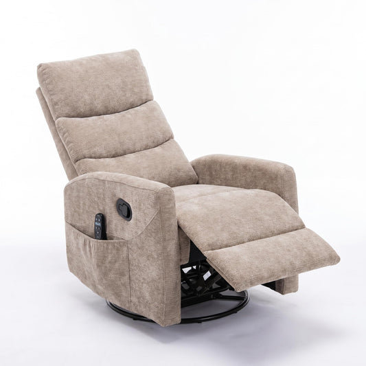 KEIKI Heat Massage Manual Recliner Chair, 360° Swivel Rocker with Lumbar Heat, Chenille Fabric Square Arms, Vibration Massage 8-Point Nodes, Heavy Duty Metal Base for Living Room Primary Space, Khaki