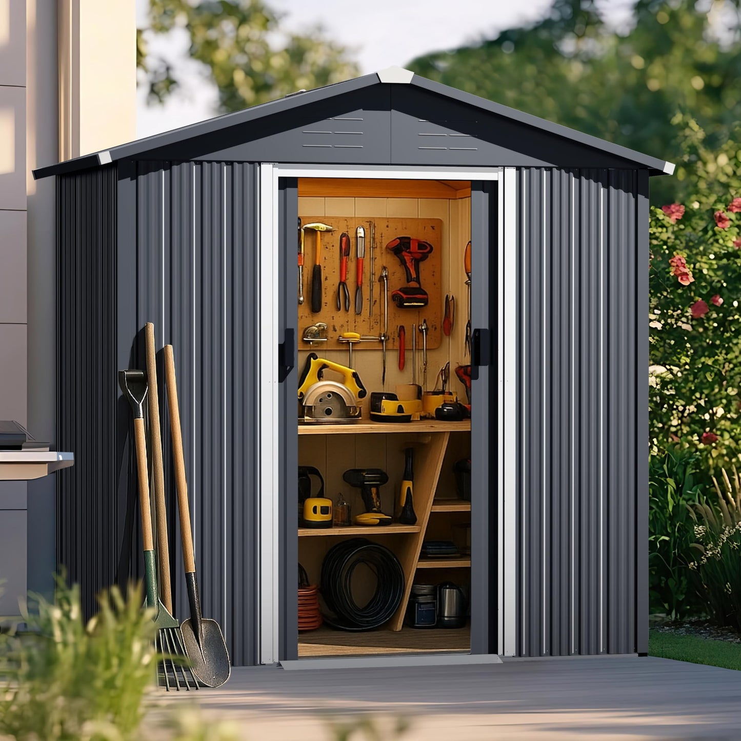 Nuu Garden 6 x 4 FT Garden Storage Shed with Sliding Doors, Galvanized Sheet Tool Shed with Sloping Roof, Anti-Corrosion Garden Shed with Air Vents for Backyard Patio Lawn, Black