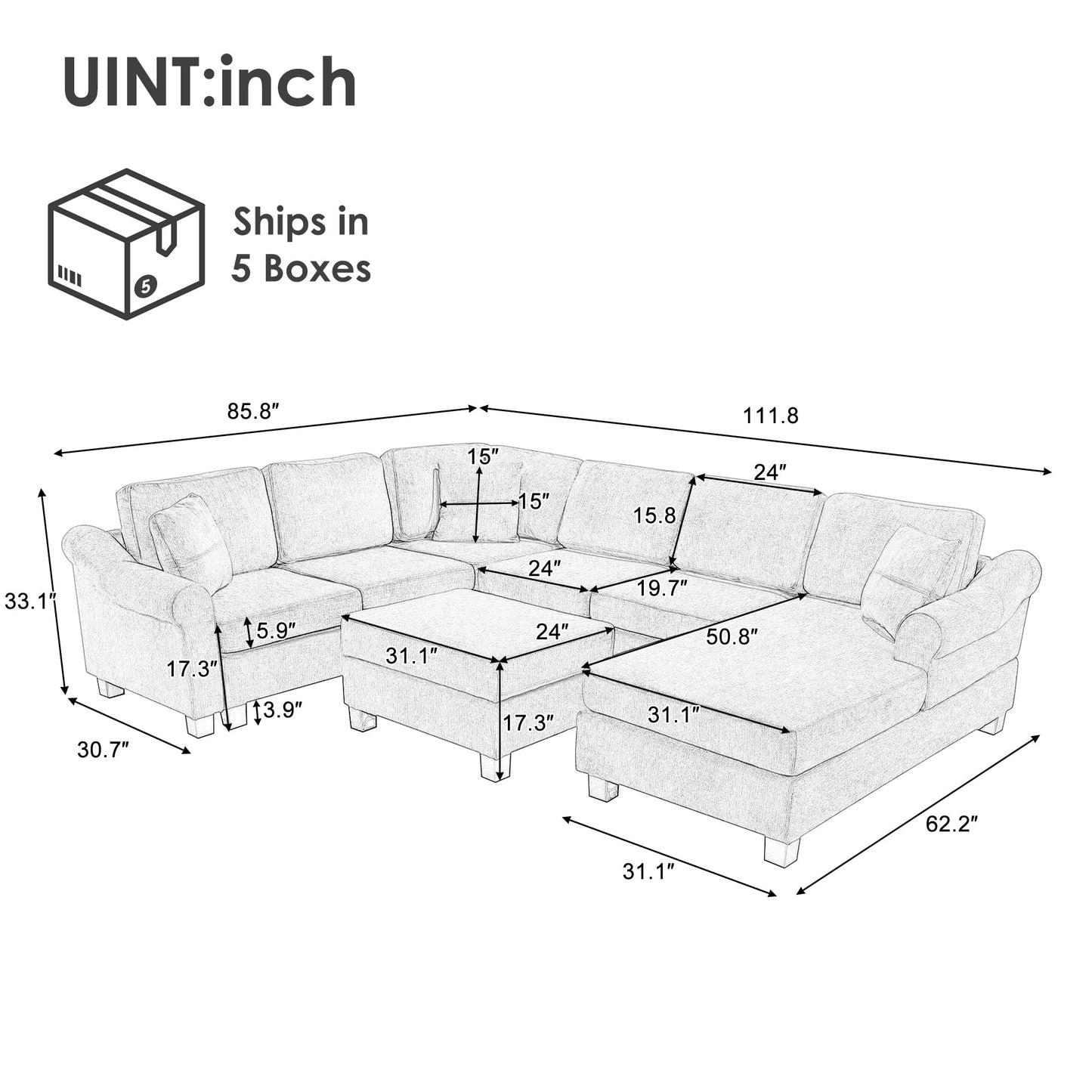 ERYE 112-Inch U-Shaped Sectional Sofa with Movable Storage Ottoman, Oversized Chenille Upholstered Corner Modular Sofa Couch W/Right Facing Chaise Lounge and 3 Toss Pillows