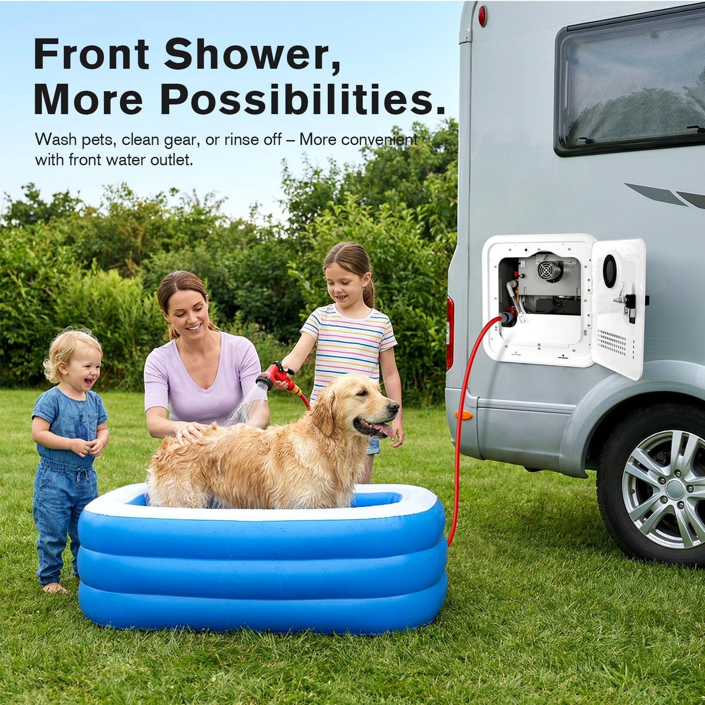 RV Tankless Water Heater, 65000 BTU High Altitude Available, On Demand Instant Hot Water Heater with 16 x 16 inch White Door and Front Water Outlet, DC 12V, Propane-Powered, Compatible with all RVs