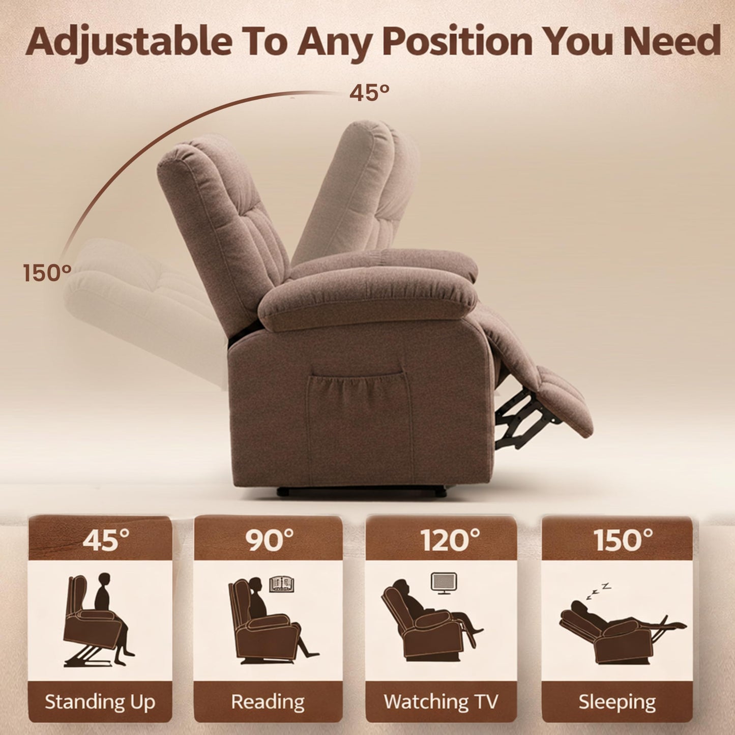 HealSmart Power Lift Recliner Chair with Massage & Heat, Overstuffed Fabric Reclining Chair with Remote, Side Pockets for Living Room & Bedroom, Brown
