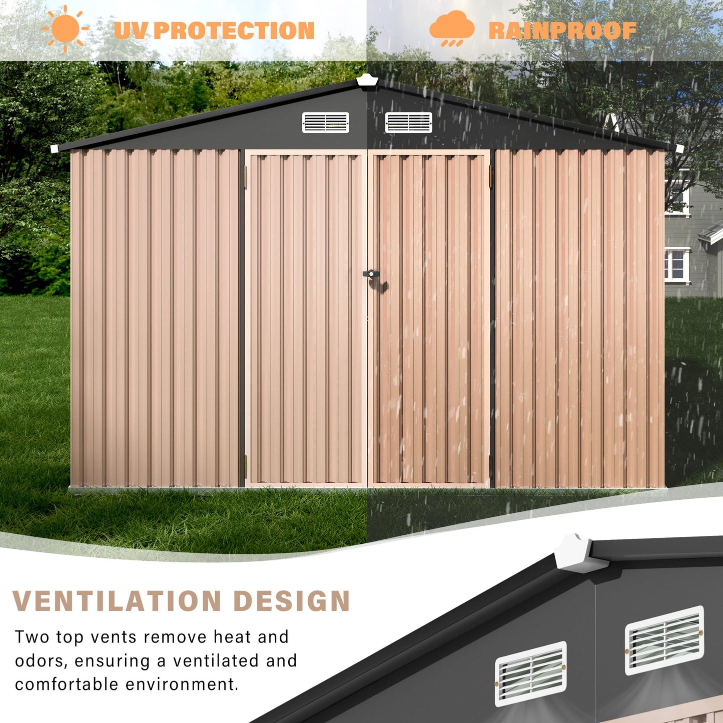 8X10 ft Outdoor Storage Shed, Galvanized Steel Metal Tool Shed with Secure Lockable Door & Air Ventilation System, Rust-Resistant Utility Shed for Garden, Backyard, Easy Assembly & All-Season Use