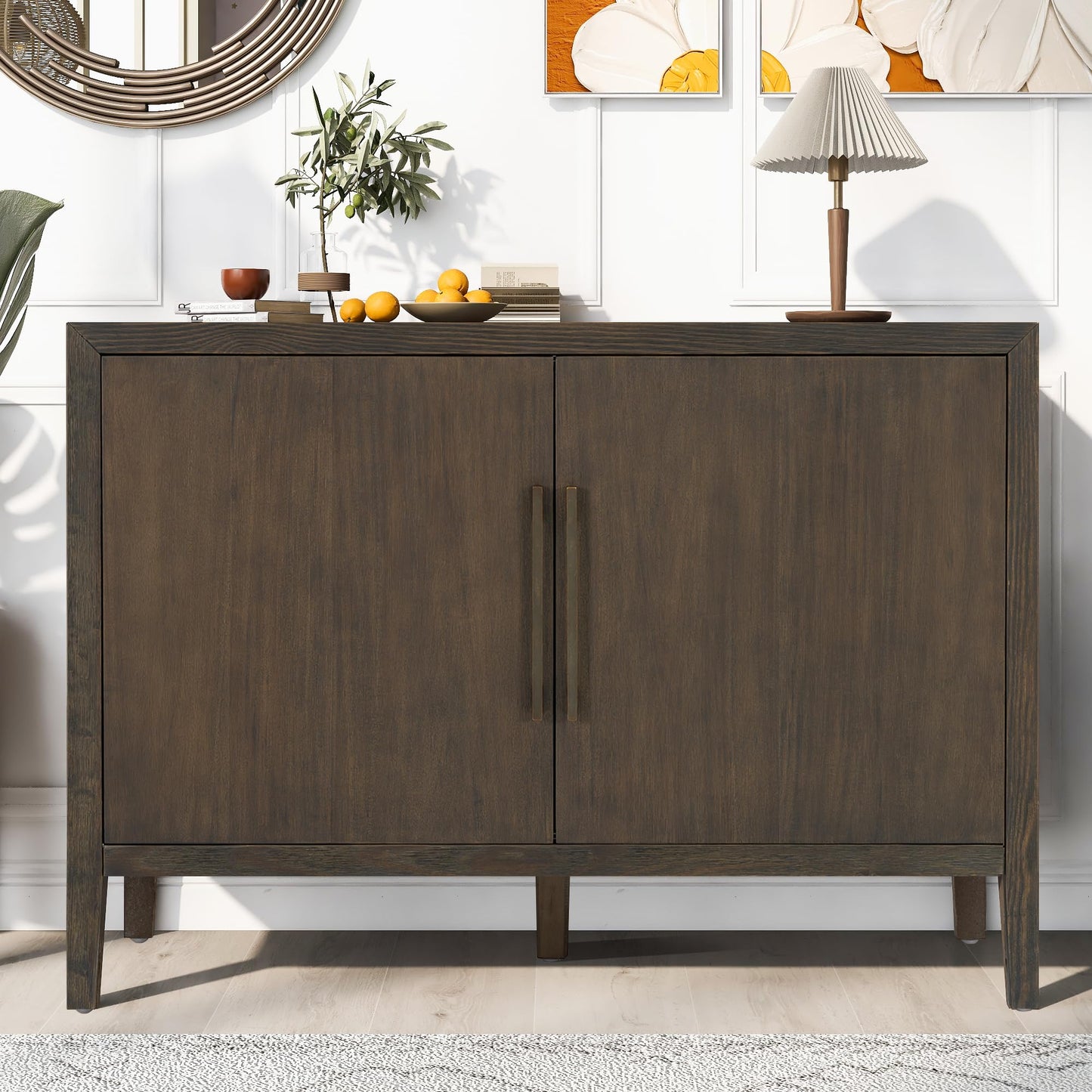 Merax Wood Farmhouse Buffet Sideboard with Metal Handles and 2 Doors, Coffee Bar Storge Cabinet Console Table for Living Room Bedroom Kitchen Hallway New Black