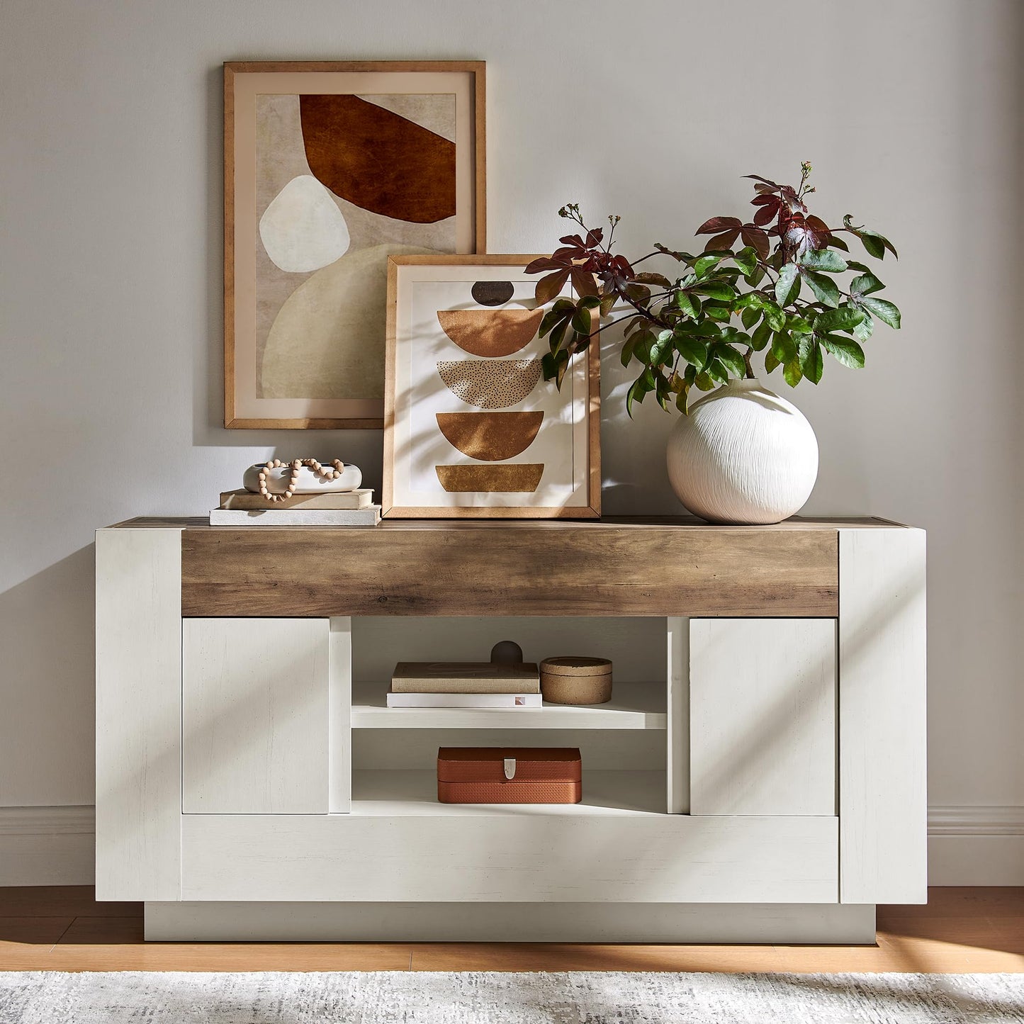 OKD Modern 55" TV Stand, Entertainment Center for TVs Up to 65", Media Console with Open Storage & Side Cabinets, Thick Wood Design for Living Room, Bedroom, Antique White
