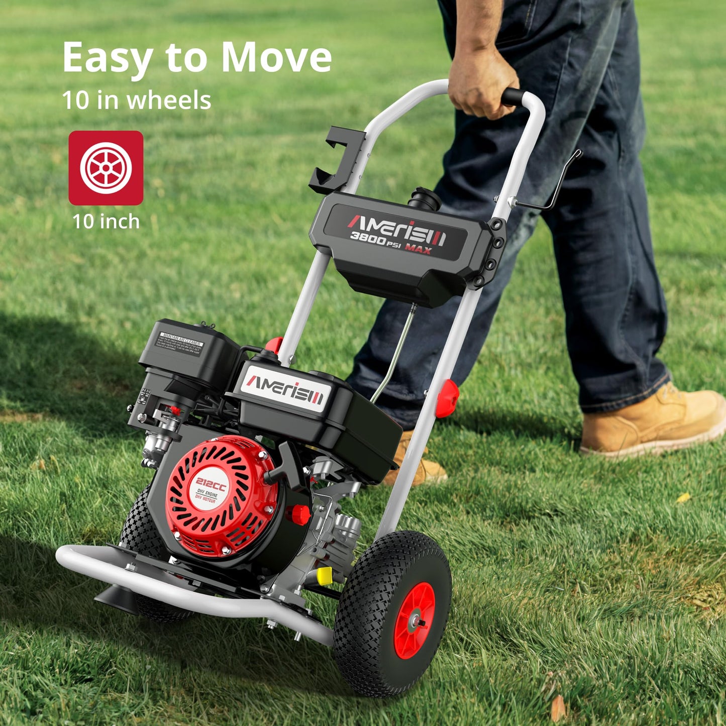 AMERISUN Gas Pressure Washer 3800 PSI 2.5 GPM, Gas Powered Pressure Washer 212CC 4-Stroke OHV Engine, 10" Wheels 5 Nozzle Set for Cars Fences Driveways Patios Furniture Home