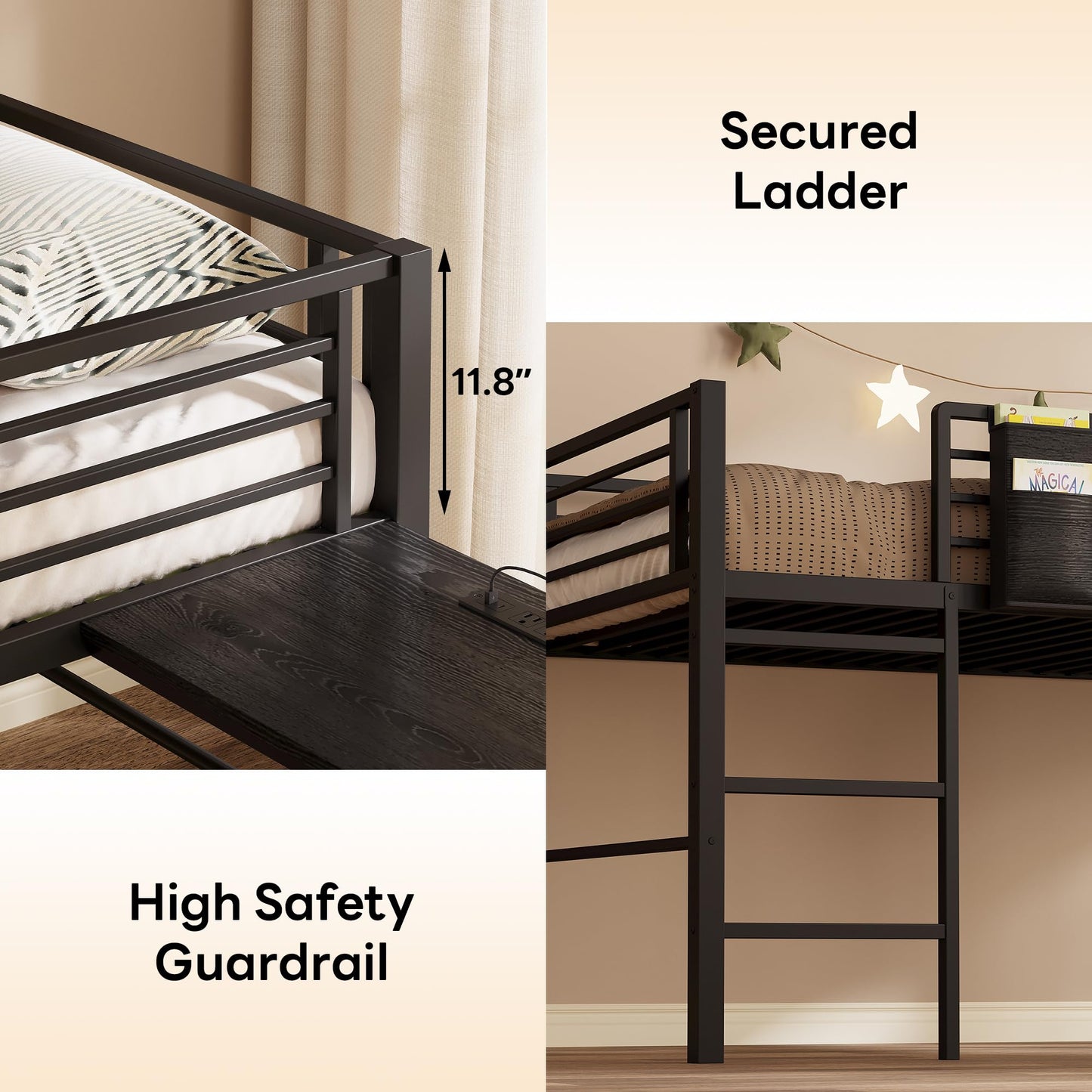 LIKIMIO Low Loft Bed Twin Size, 25 Heavy Duty Steels Support Slats with Desk & Charging Station, Twin Loft Bed with Safety Guardrails and Ladder, Black