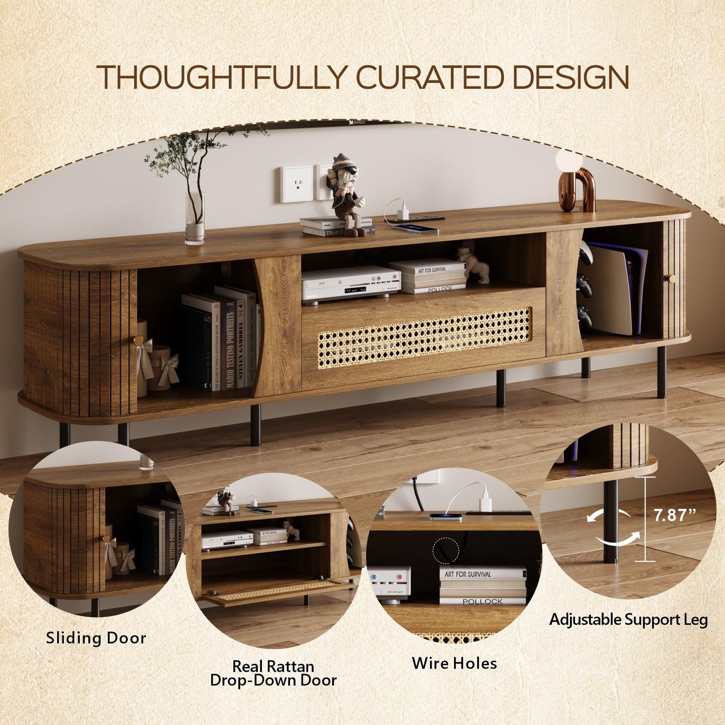 basenji Fully Assembled 71" Mid Century Modern TV Stand with Power Outlet and Sliding Doors, Rattan Entertainment Center with Storage, Wood Media Console,TV Consoles for Living Room,Walnut
