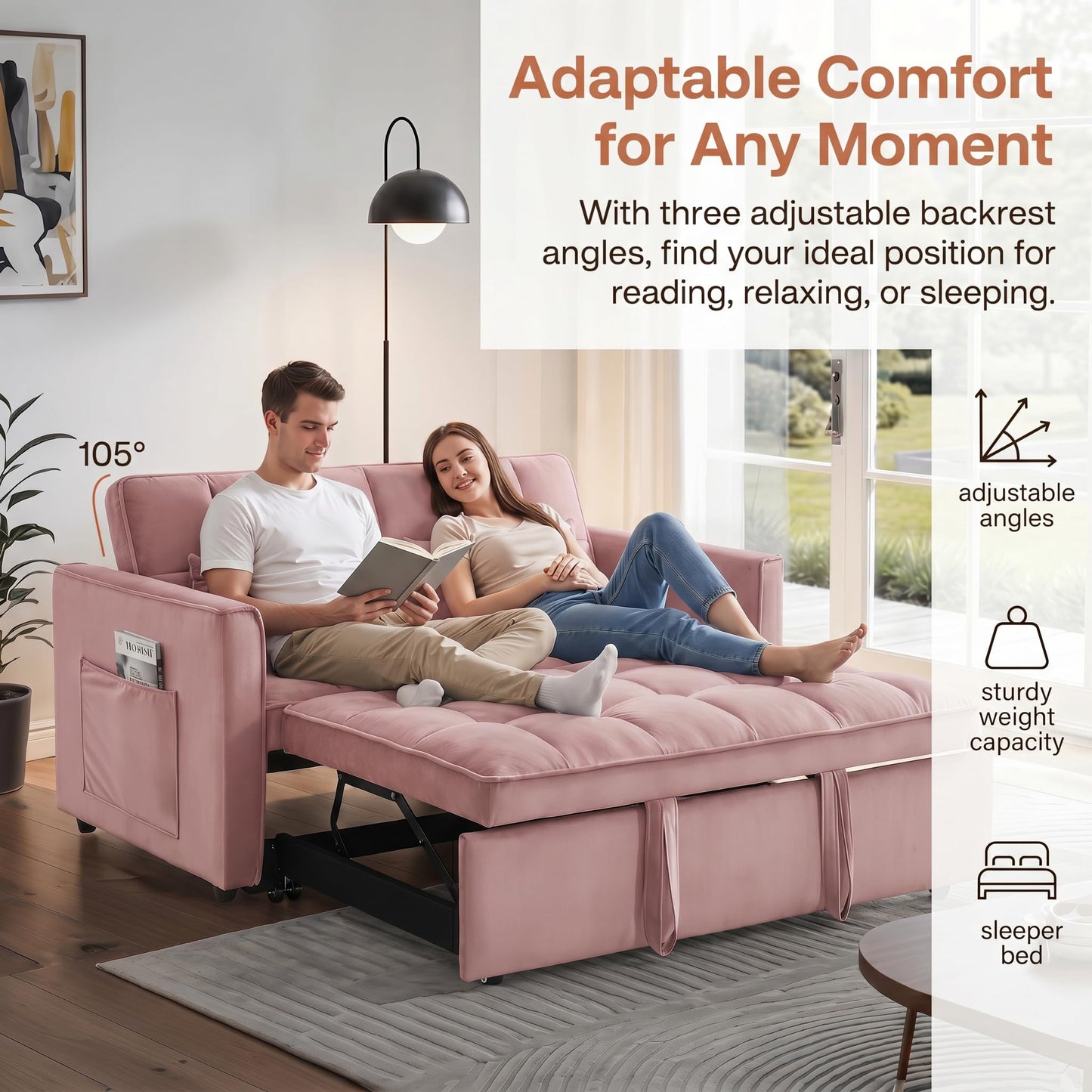 NicBex Sleeper Sofa Bed, Pull Out Couch Bed with Adjustable Backrest, Velvet Fabric Sleeper Sofa with Side Pocket, Convertible Loveseat Sleeper Sofa for Small Space, Living Room, Bedroom, Pink