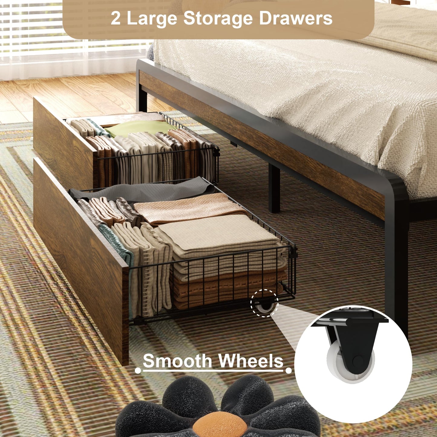Sismplly Queen Size Metal Platform Bed Frame with 2 Storage Drawers & LED Light, Upholstered Headboard with Charging Station, No Box Spring Needed, Brown Wood Panel