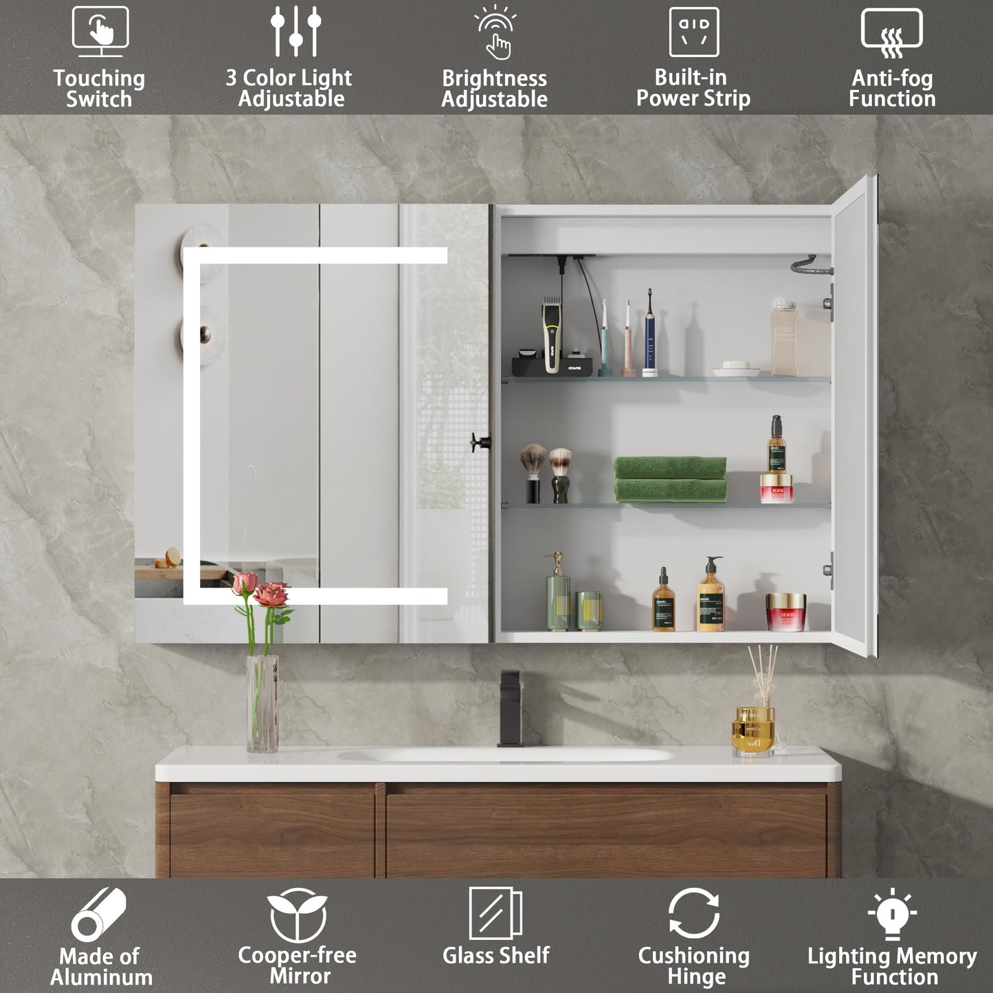 DEYGIA LED Medicine Cabinet with Mirror for Bathroom, Assembly-Free Lighted Medicine Cabinet, Defog, Stepless Dimming, 3 Colors, 2 Outlets, 2USB, Aluminum Wall Mounted Mirrored Cabinets, 36”Wx24“H