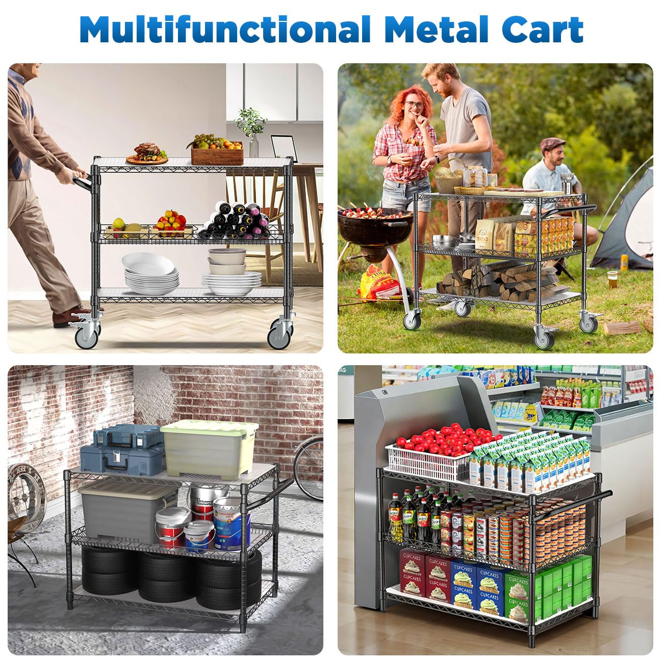 Leteuke Heavy Duty Rolling Utility Cart, 45 Inch Kitchen Carts with Wheels, NSF Commercial Grade with Handle & Shelf Liners, 1120LBS Storage Cart for Kitchen,Restaurant,Plant Display-Black