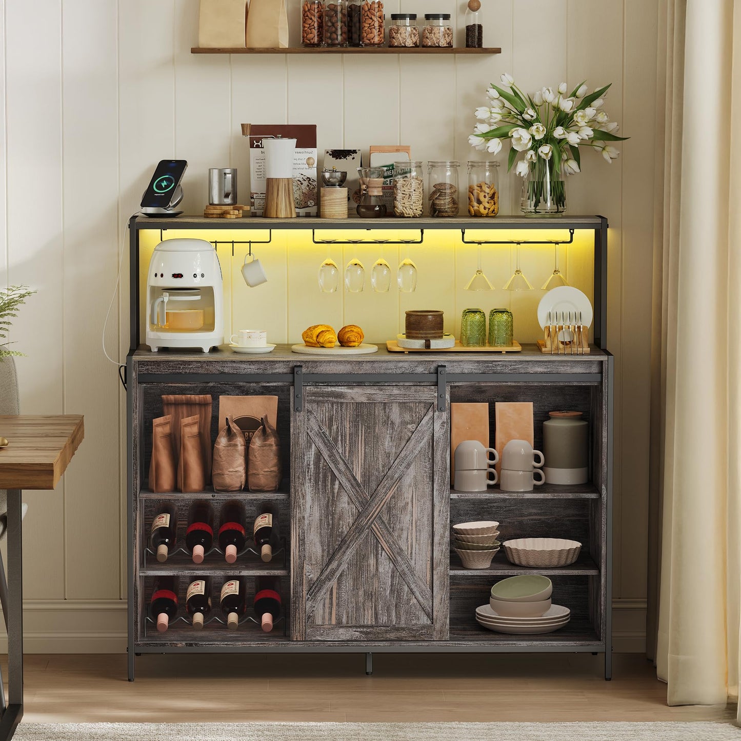 VASAGLE Coffee Bar Cabinet with Power Outlet and Voice Control LED Light, Buffet Cabinet with Sliding Barn Doors, S Hooks, Wine Glass Racks, Bottle Holders, Maple Gray ULSC201G01