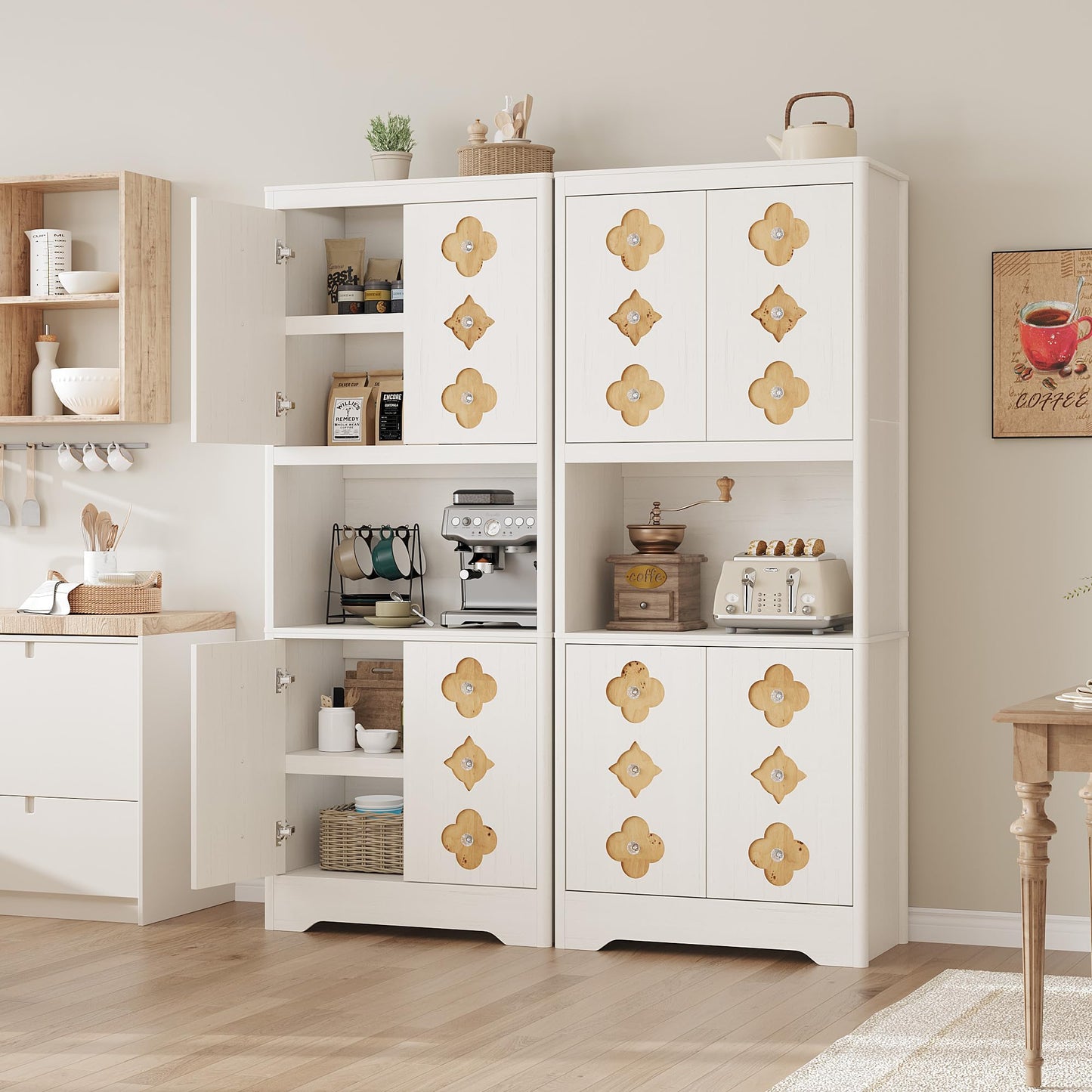 GarveeHome 72" Tall Kitchen Pantry Storage Cabinet, 4 Door with Carved Design and Shelf for Microwave, Freestanding Wooden Cupboard with Crystal Handle, for Dining Living Room, Antique White