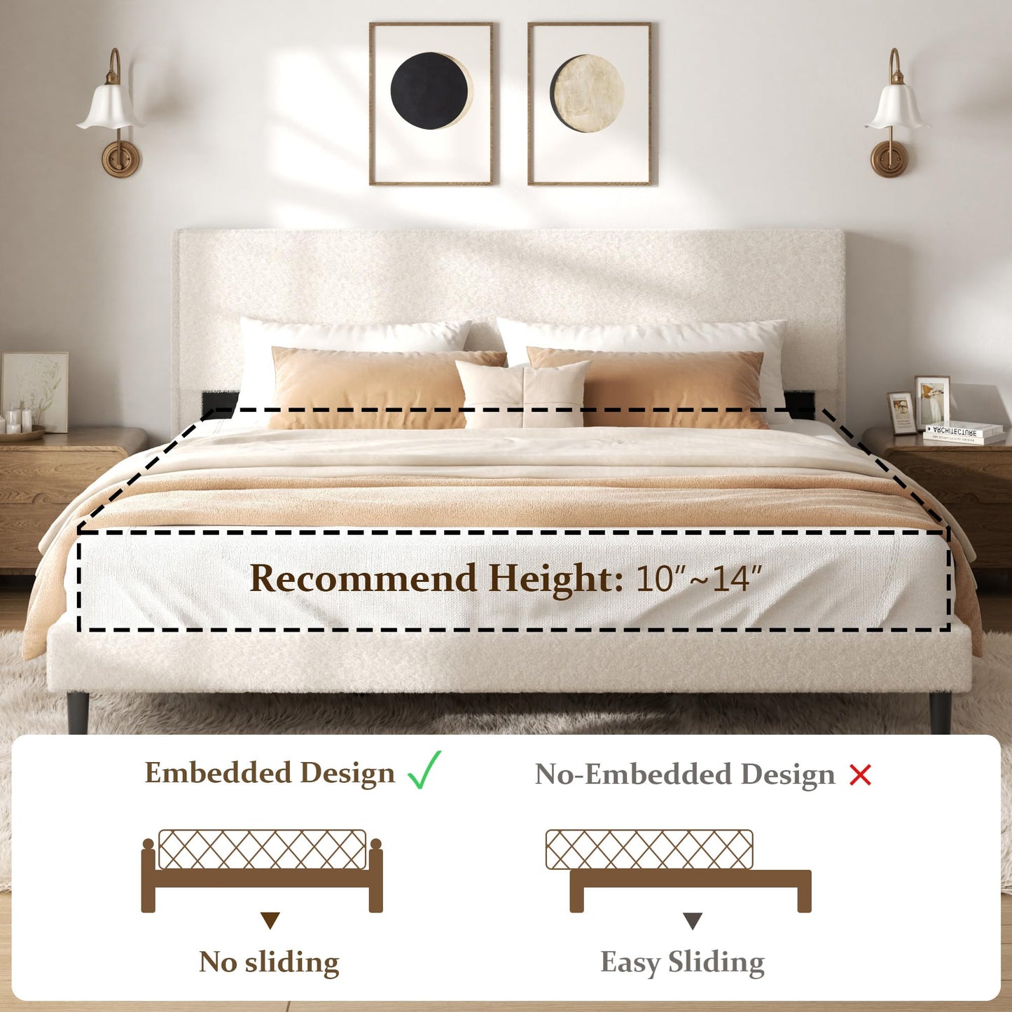 viplov Queen Bed Frame,Teddy Velvet Modern Platform Bed Frame with Upholstered Headboard, Mattress Foundation, No Box Spring Required, Beige