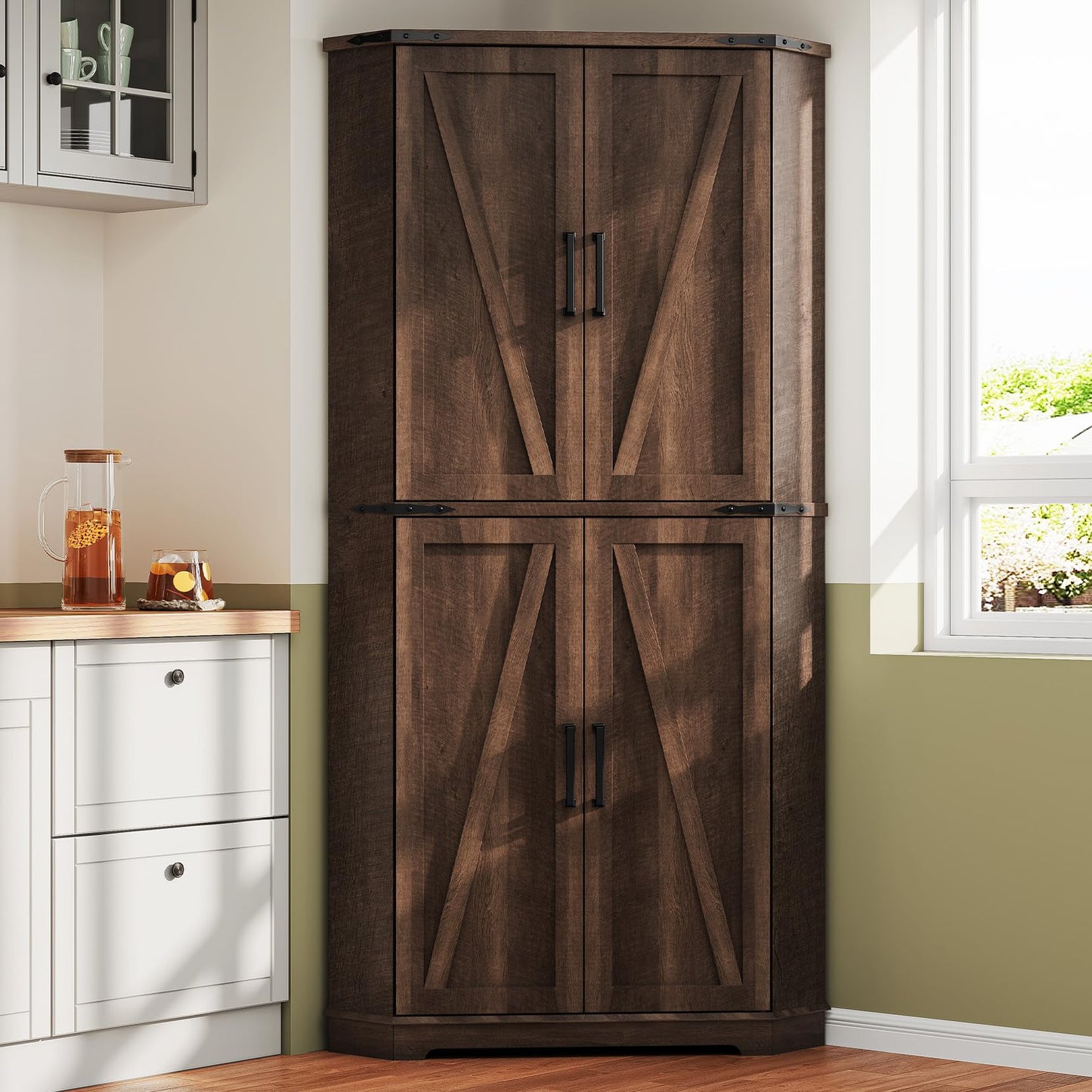 Dripex 71" Brown Farmhouse Corner Pantry Cabinet with LED Light, Tall Storage Cabinet with Doors & Adjustable Shelves, Food Pantry for Kitchen, Living Room, Dining Room