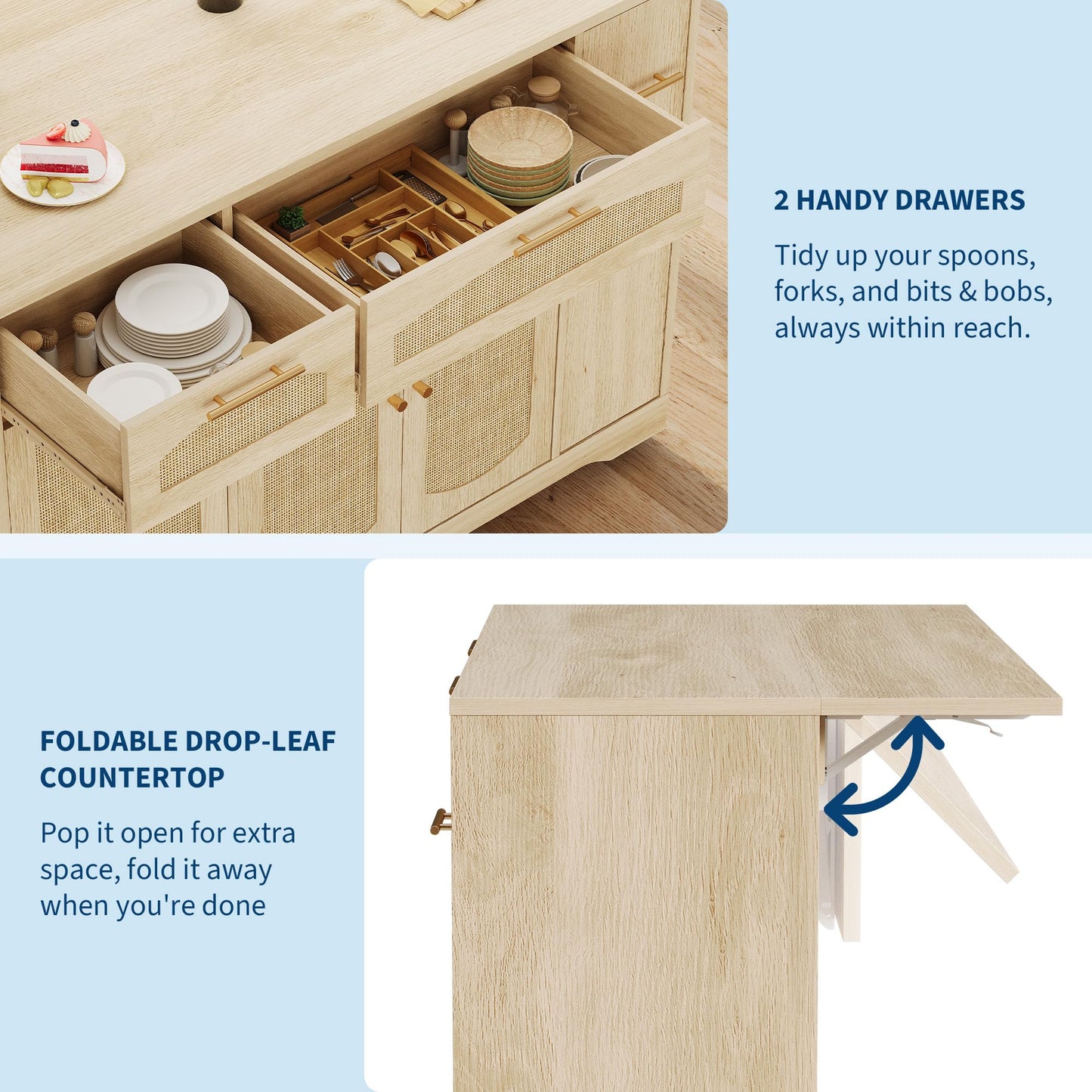 GAOMON 53.1" Kitchen Island on Wheels, Rattan Rolling Kitchen Island Cart with Drop Leaf Breakfast Bar, Tilt Out Trash Can Cabinet, Storage Cabinet, Drawer, Tower Rack, Kitchen Cart (Natural)
