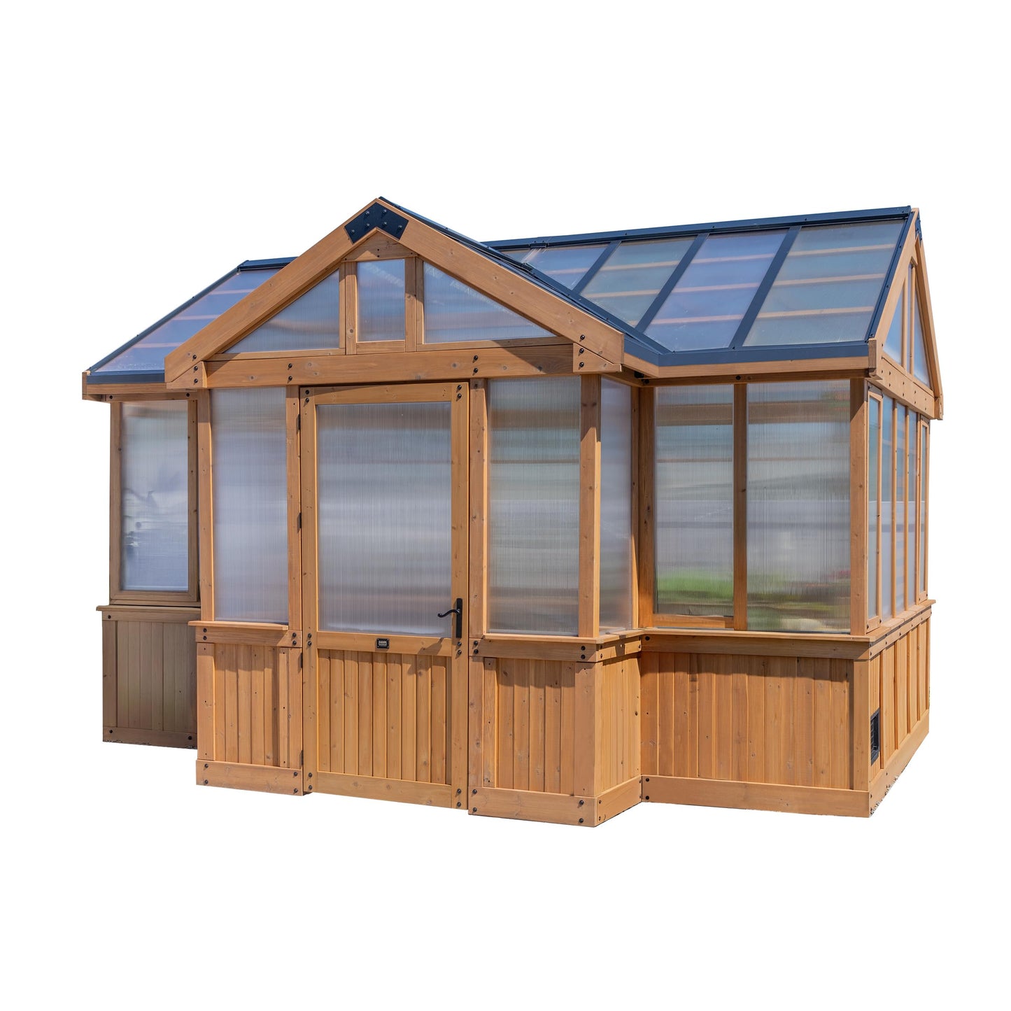Backyard Discovery Savannah Chalet-Style 14.5' x 12' Cedar and Polycarbonate Walk-In Greenhouse Kit with Sink, Exhaust Fans, Windows, Hose Hook-Ups, PowerPort, Staging Shelves for Year-Round Gardening