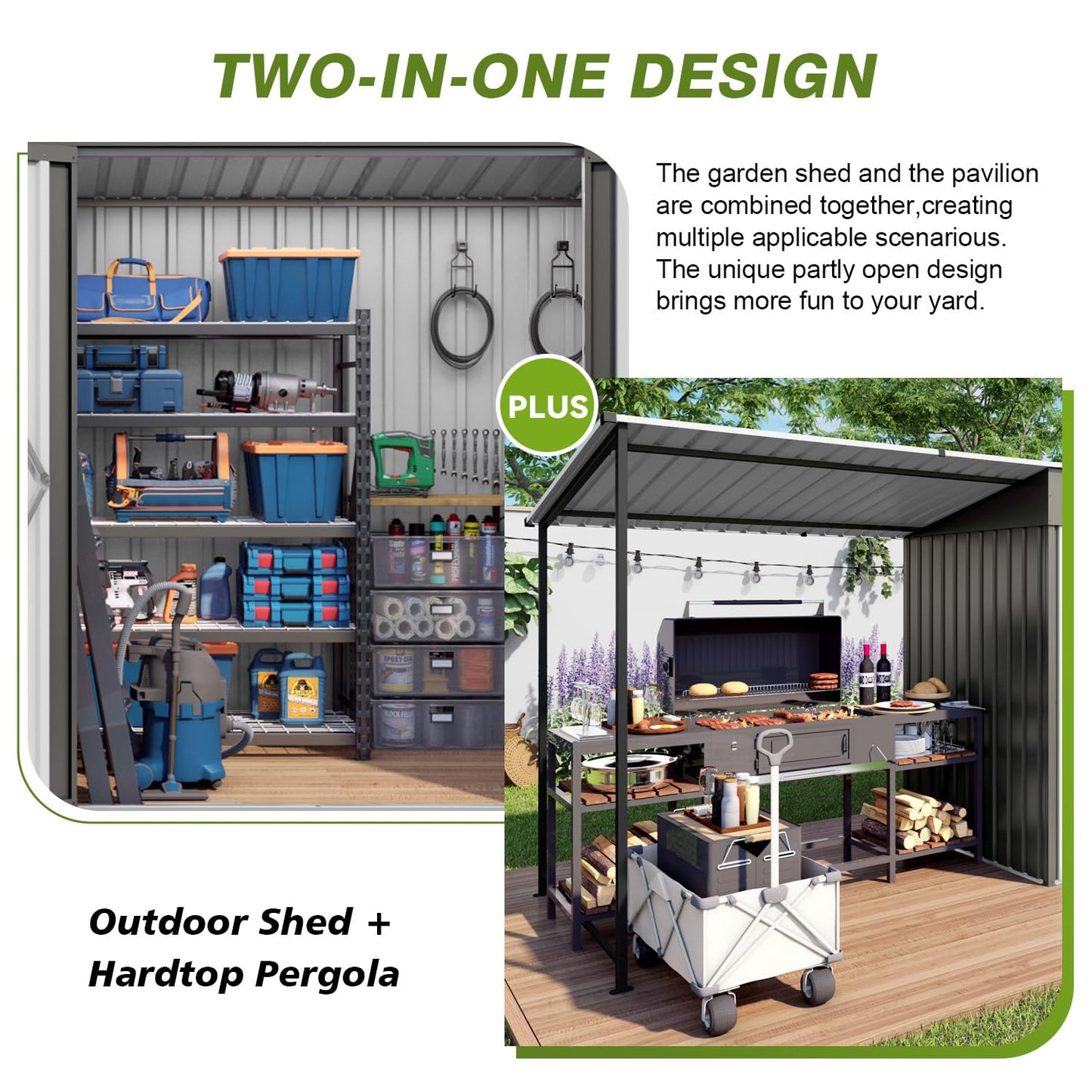 12x4FT Metal Lean-to Shed with Open-Sided Pergola, 4'x6' Outdoor Storage Shed & 6'x4' Hardtop Gazebo Combo, 2-in-1 Garden Storage Tool Shed for Patio, Backyard, Outdoor Organization Structure