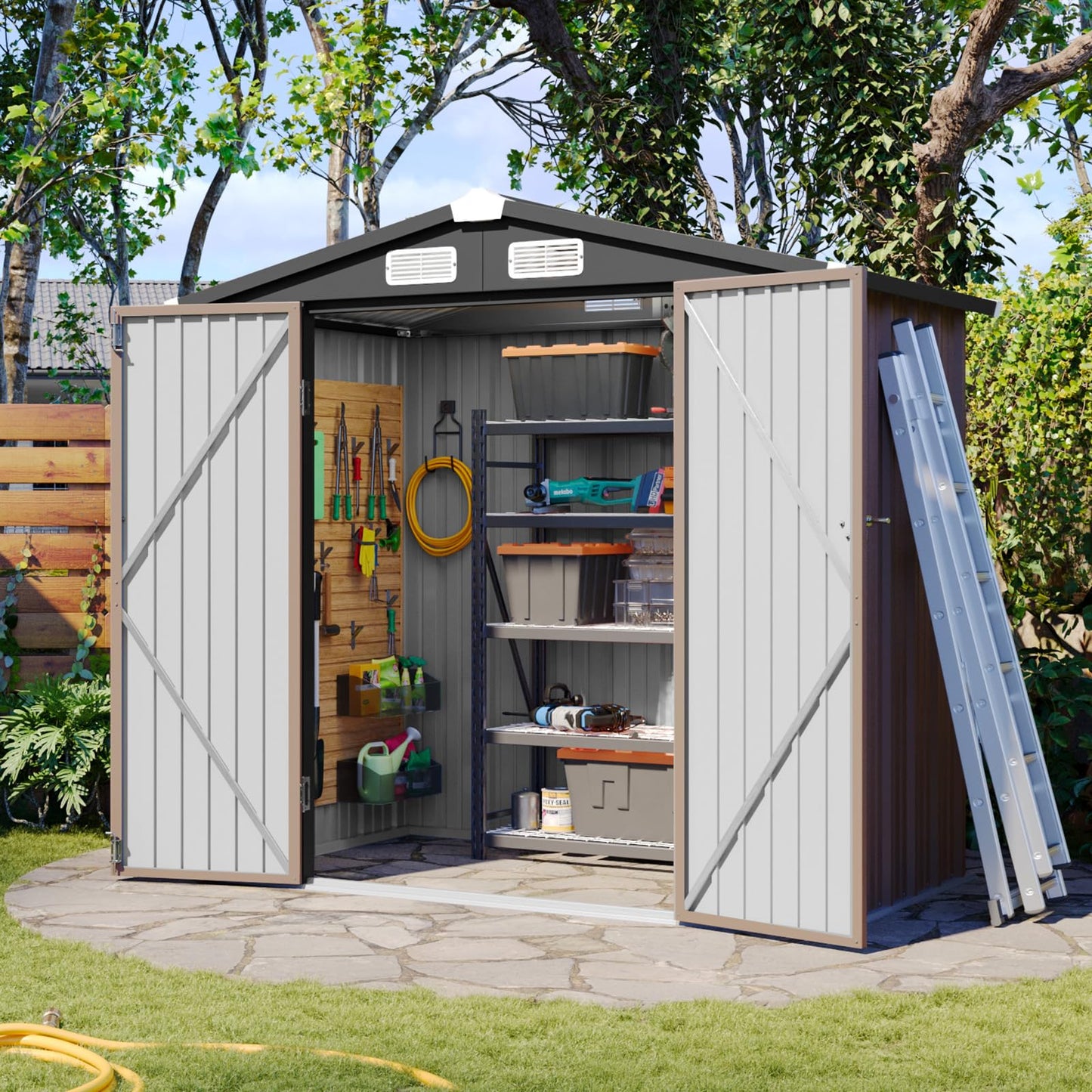 Aoxun 6x3.9 FT Metal Outdoor Steel Shed with Lockable Doors Tool Shed Bike Shed for Backyard, Patio, Poolside (Brown)