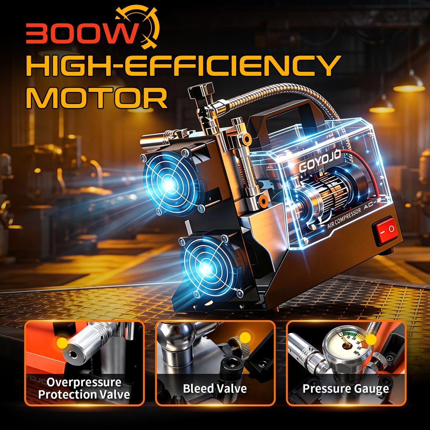 GOYOJO AC-2 PCP Air Compressor, 4500 PSI/30 MPa Portable Oil-Free Air Pump, Up to 45 Min Continuous Runtime, 12V DC & 110V/220V AC Converter, for PCP Airguns & HPA Paintball Tanks