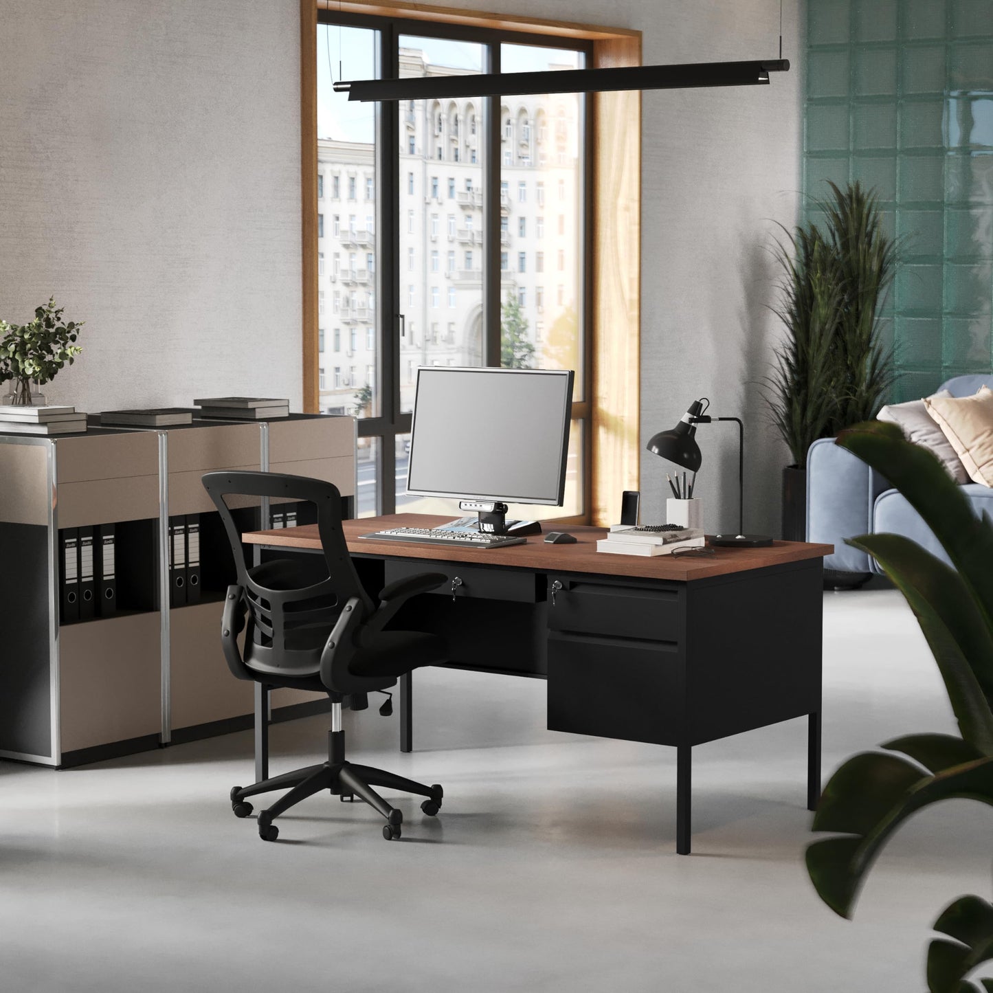 Flash Furniture Cambridge Right Side Single Pedestal Desk with 3 Locking Drawers, Commercial Grade Teacher's or Office Desk, 30x60, Metal Frame, Walnut/Black