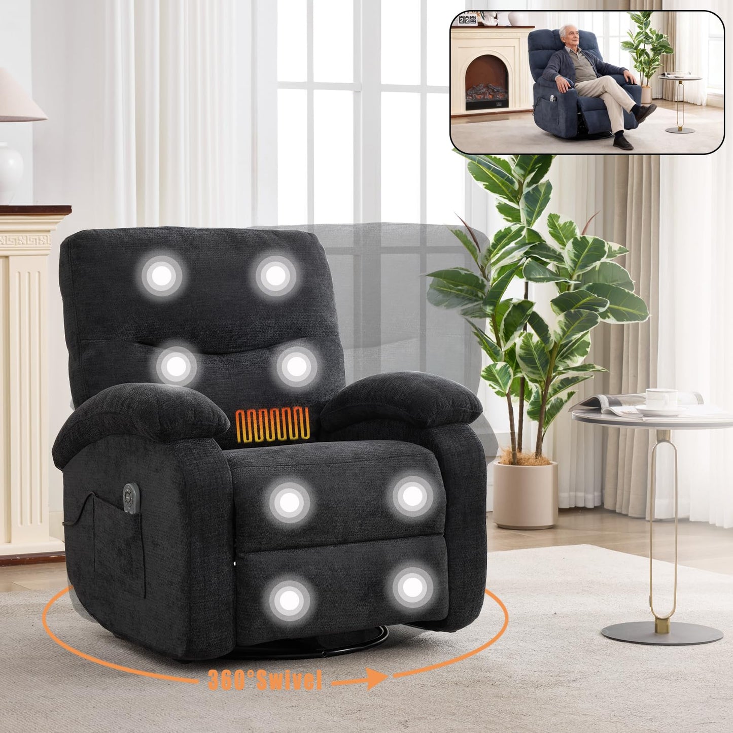 Eafurn 360° Swivel Rocker Recliner Chair for Elderly, Nursery Glider Recliner with Massage and Heating, Comfy Overstuffed Manual Lounge Armchair for Living Room