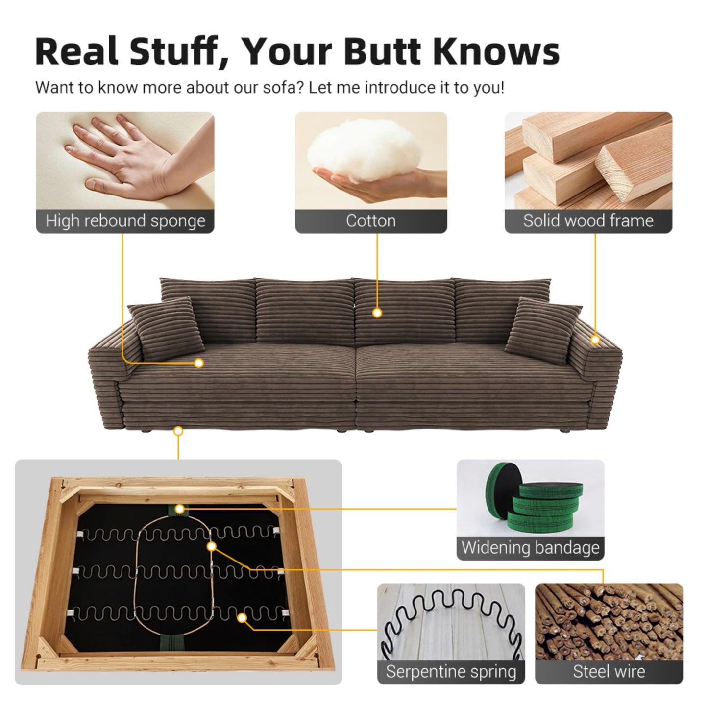 KEIKI 102.4" Sectional Couches, Modern Comfy Upholstered Sofa Cloud Couch, Deep Seat 4 Seat Sofa Set with Soft Pillows for Living Room Bedroom,Apartment,Office, Camel