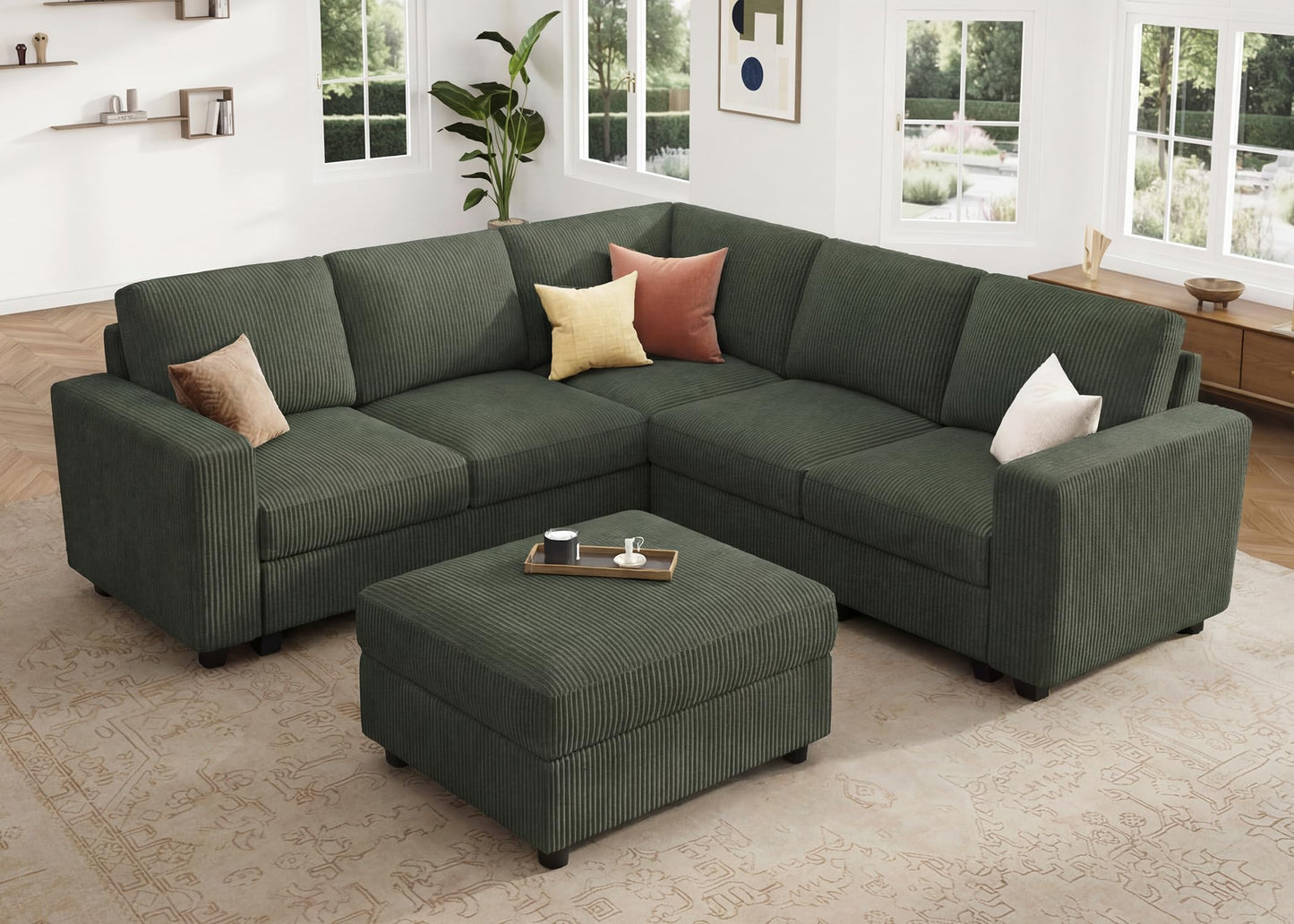 HONBAY Corduroy Sectional Sofa with Storage L-Shaped Sectional Couches for Living Room 6 Seater Sectional Sofa, Green