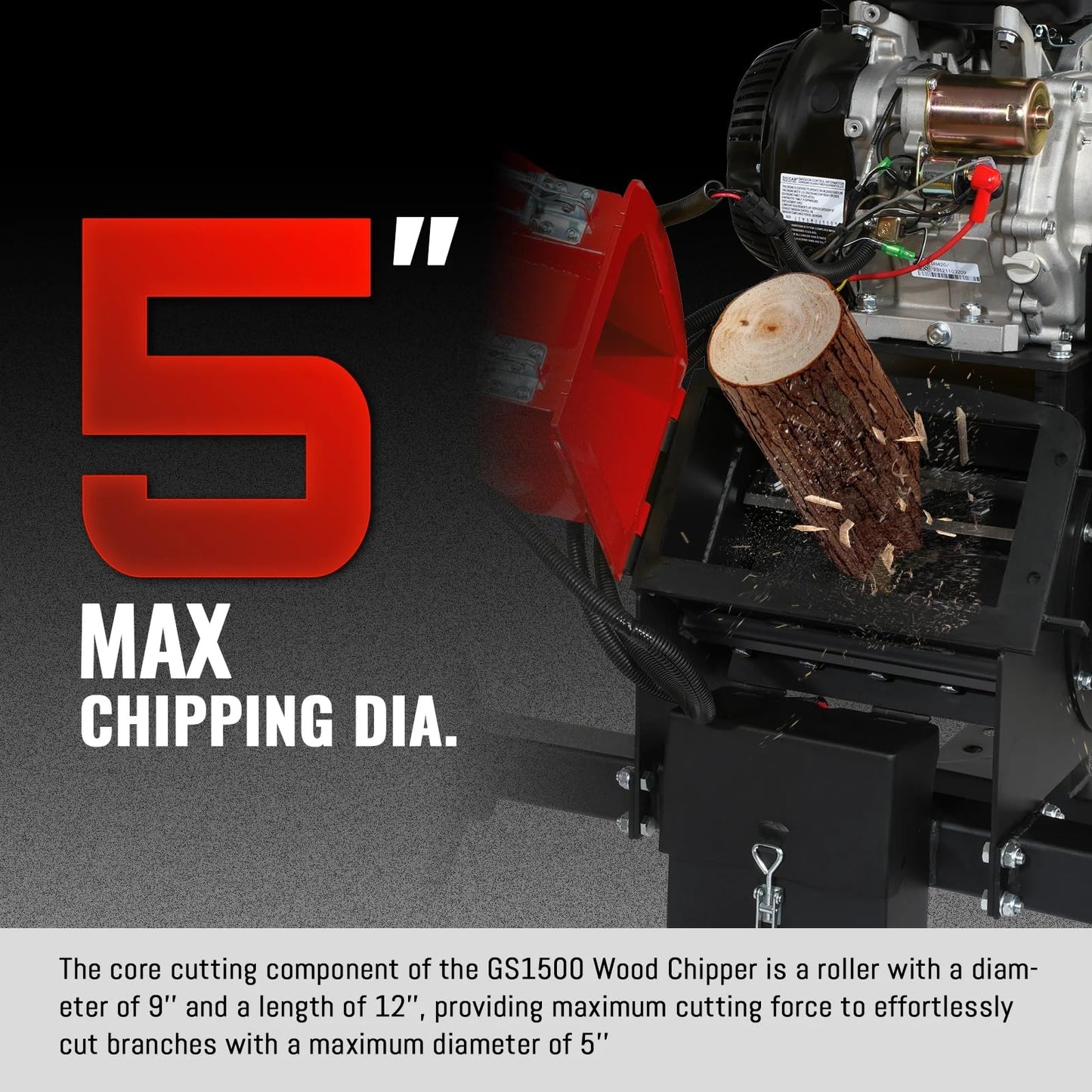 MechMaxx 5'' inch ZONSEN 459cc 15hp E-Start Gas Powered Wood Chipper Shredder Mulcher with Towbar/Emergency Stop Button, Model GS1500 Red