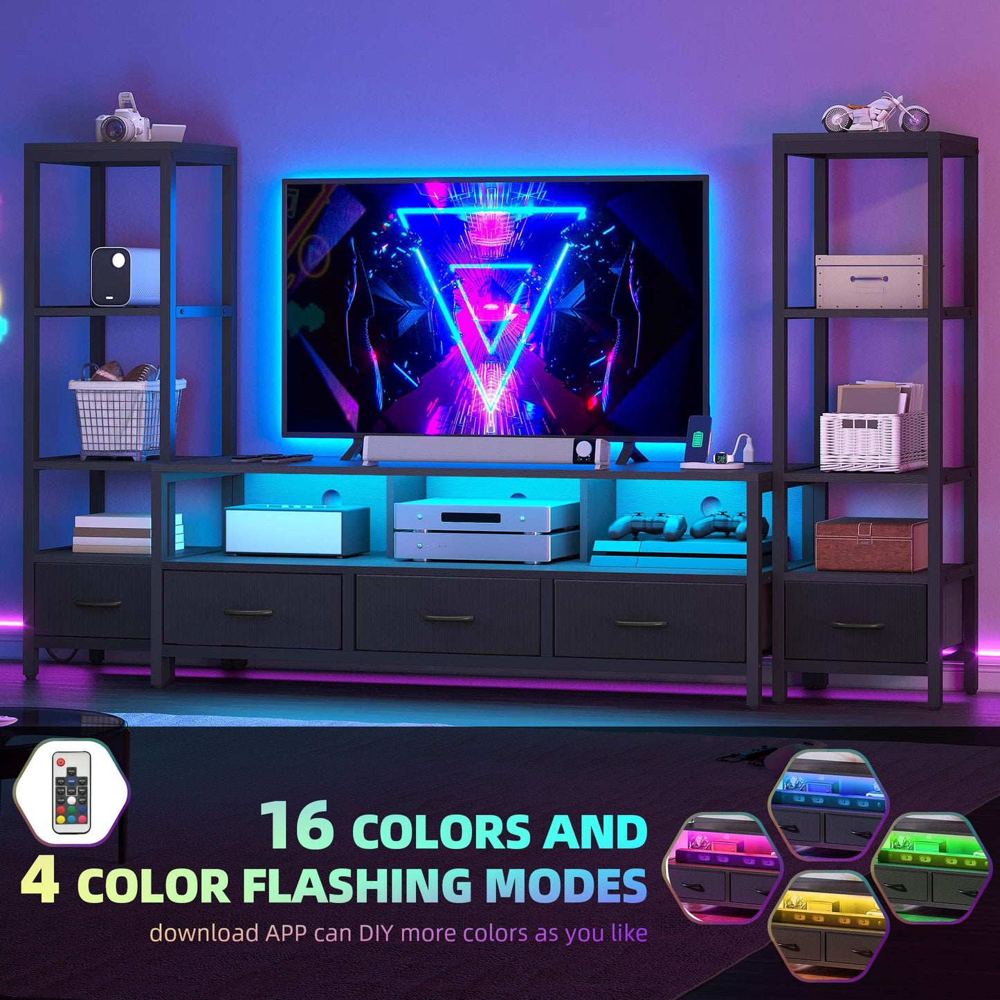 DWVO Entertainment Center with Bookshelves, LED TV Stand for 65/60 inch TV, Black TV Stand for Living Room with 2 Modern 4-Tier Bookshelves & Power Outlets, Black