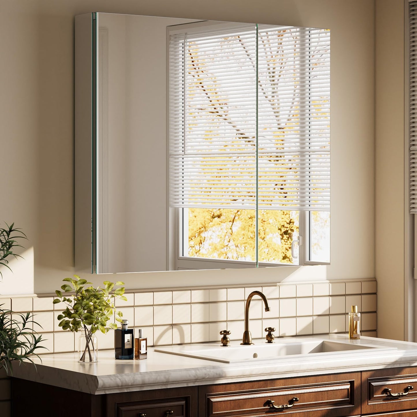 VETROVUE Bathroom Medicine Cabinet with Mirror, 30 Inch x 26 Inch Bathroom Mirror Cabinet with Double Door & Adjustable Shelves, Surface Mount or Recess Installation
