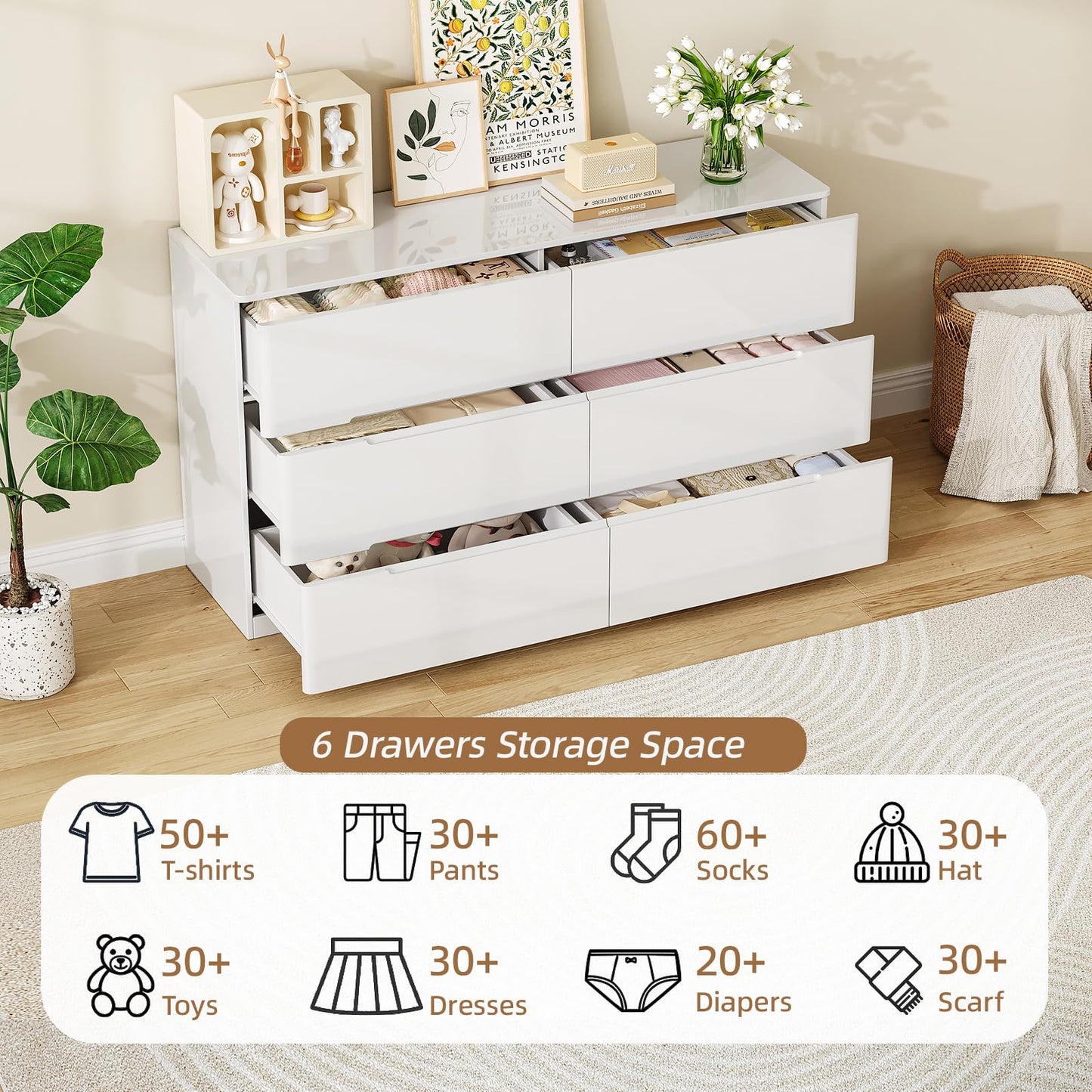 ZORPLIX White Wood Dresser, 6 Drawer Dressers for Clothes Storage for Bedroom, Modern Dresser with Wide Drawers, Wide Wooden Chest Drawers for Living Room, Entryway, TV Stand
