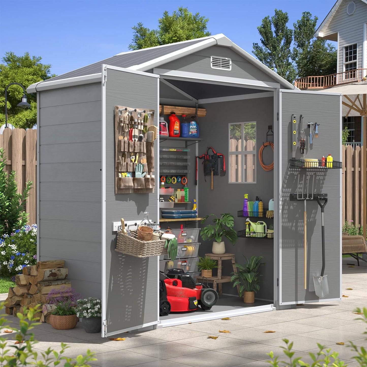 Aoxun 6x4 FT Outdoor Storage Shed, Plastic Garden Resin Shed with Floor and Window for Patio, Lawn, Outdoor Storage with Lockable Door for Bike, Tools, Garbage Can, Grey