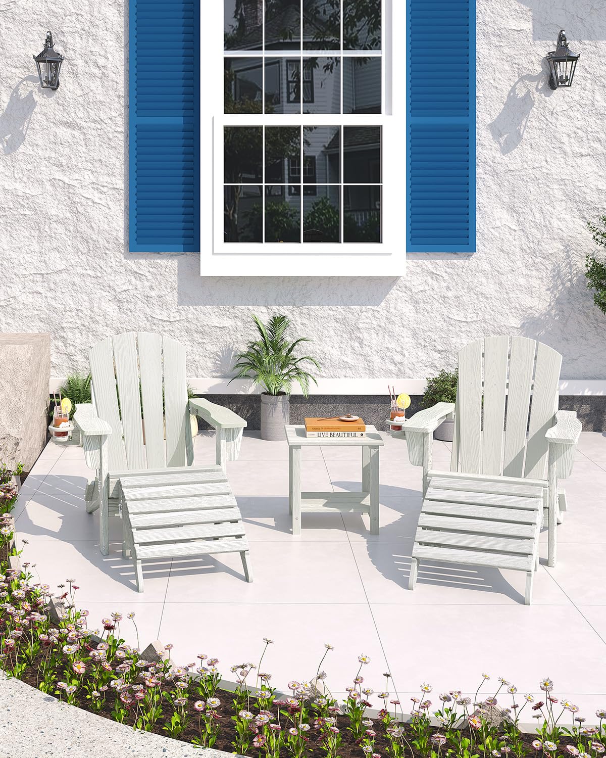 GarveeLife Folding Adirondack Chair Set of 4 with 2 Side Table, All-Weather HDPE Outdoor Chair, Wooden Textured with Cup Holder for patios, Decks, Gardens, fire pits, White