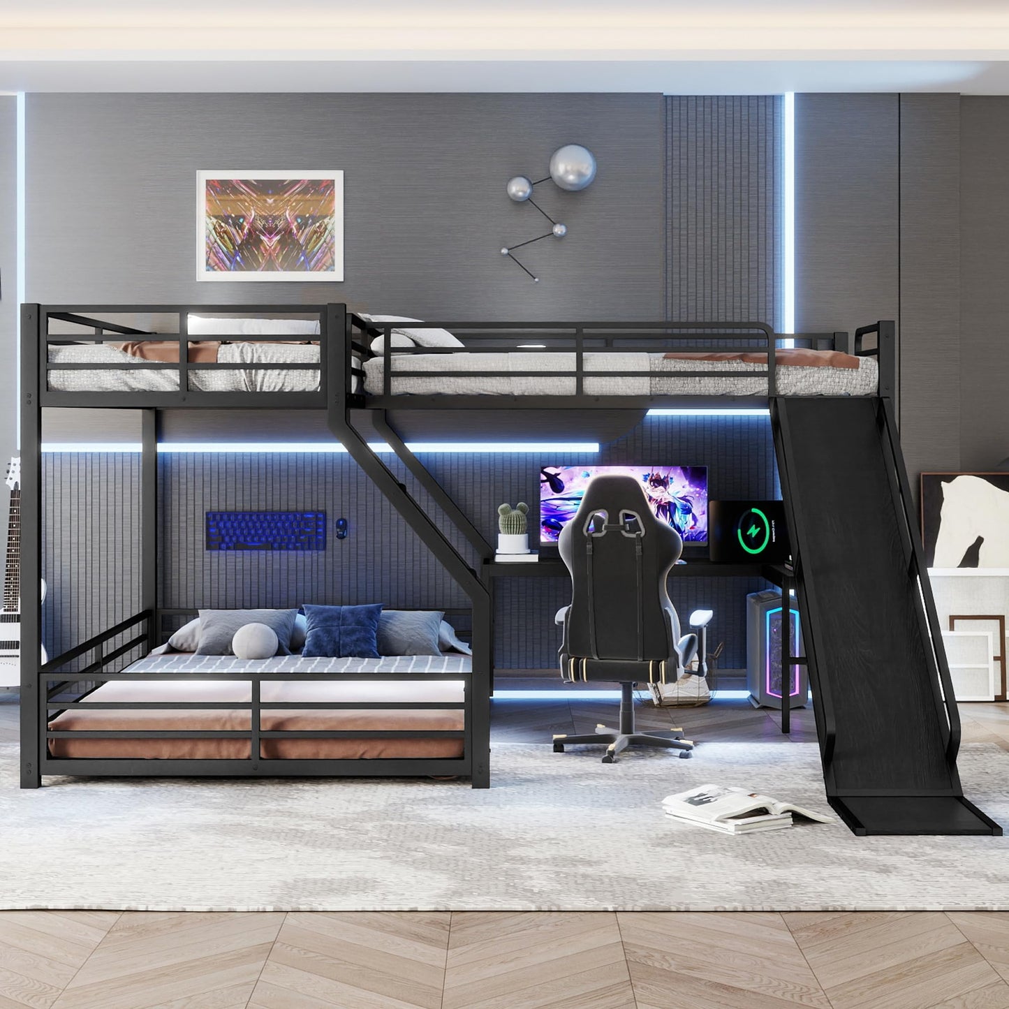 Metal Twin XL Over Queen Bunk Beds with Twin Loft Beds, Heavy Duty Triple Bunk Bed Frame with Slide and Desk,L-Shaped Triple Bunk Beds with Charging Station for 3 Kids,Black
