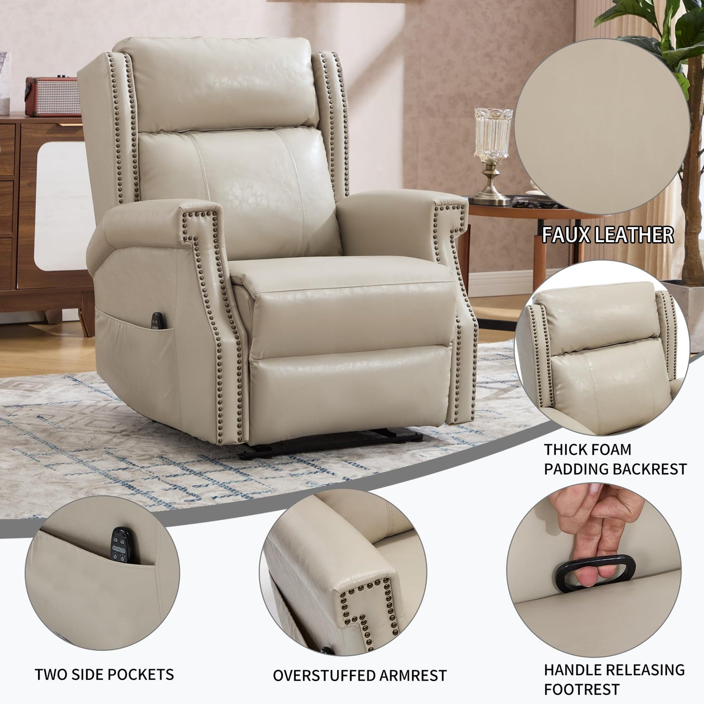 KEIKI Mid Century Modern Oversized Recliner Accent Chair for Adults, Manual Leather Recliner Chair with Back Massager and Heating for Living Room, Rocking Chair for Old Money Living Room Decor, Beige