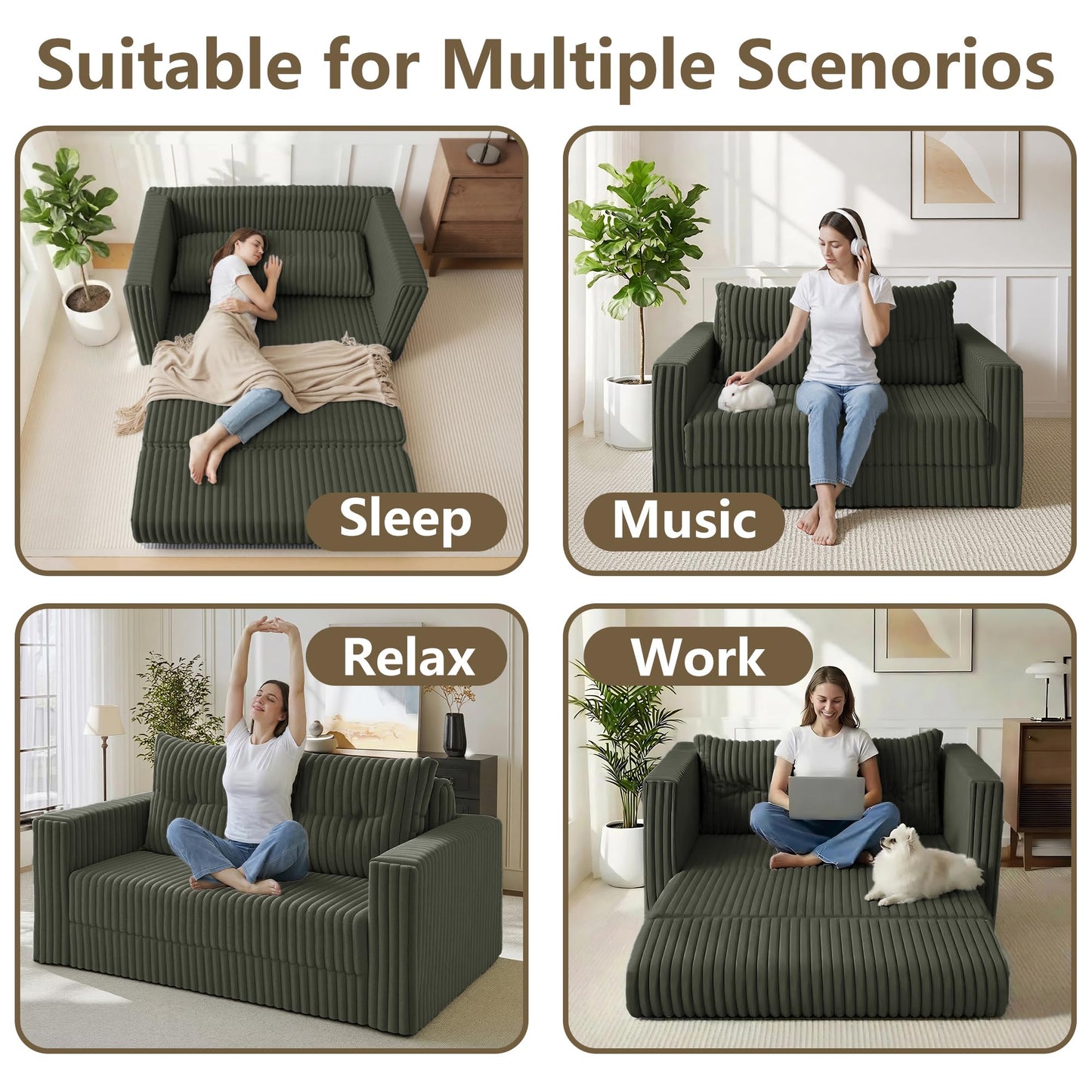 HABUTWAY 41.3" Loveseat Boneless Couch, 4-in-1 Convertible Sofa Bed, Plush Fur Folding Futon Sofa Bed Couches with a Pillow for Living Room, High-Density Foam Support, No Assembly Required, Green