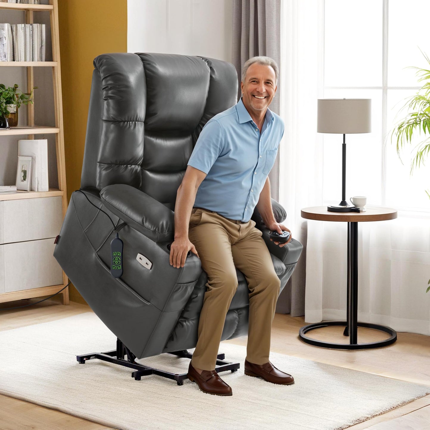 MCombo Triple Motor Power Lift Recliner Chair with Massage and Dual Heating, Adjustable Headrest for Tall Elderly People, Faux Leather 7634 (Dark Grey, Large)