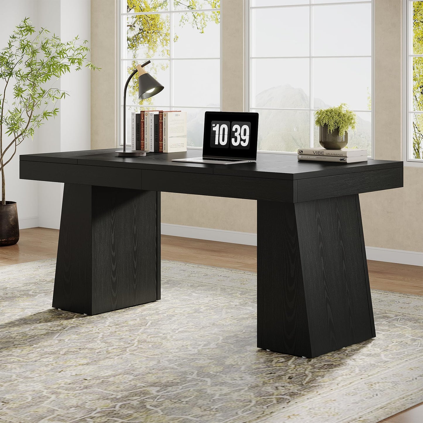 Tribesigns 55" Executive Desk, Wooden Office Desk with Double Pedestal, Modern Simple Computer Writing Table for Home Office, Black