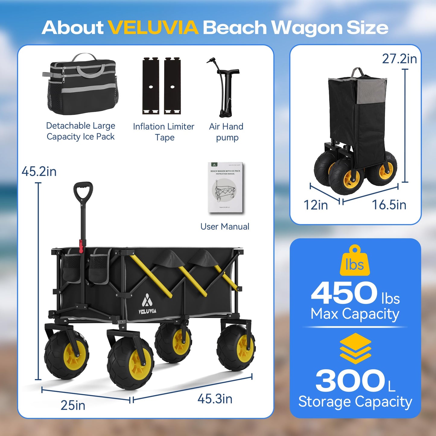 VELUVIA Beach Wagon with Balloon Wheels for Sand - 450LBS Heavy Duty Foldable All Terrain Wagon with 9" Balloon Tires- Collapsible Beach Dolly with Adjustable Handle & Cooler Bag for Beach - Black