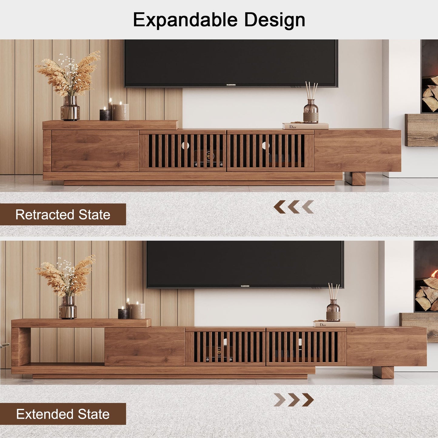NessCarsti Mid Century Modern TV Stand for 75+ Inch TVs, Extendable Media Console (78"-103") with Ample Storage - Sleek Walnut Entertainment Center for Living Room