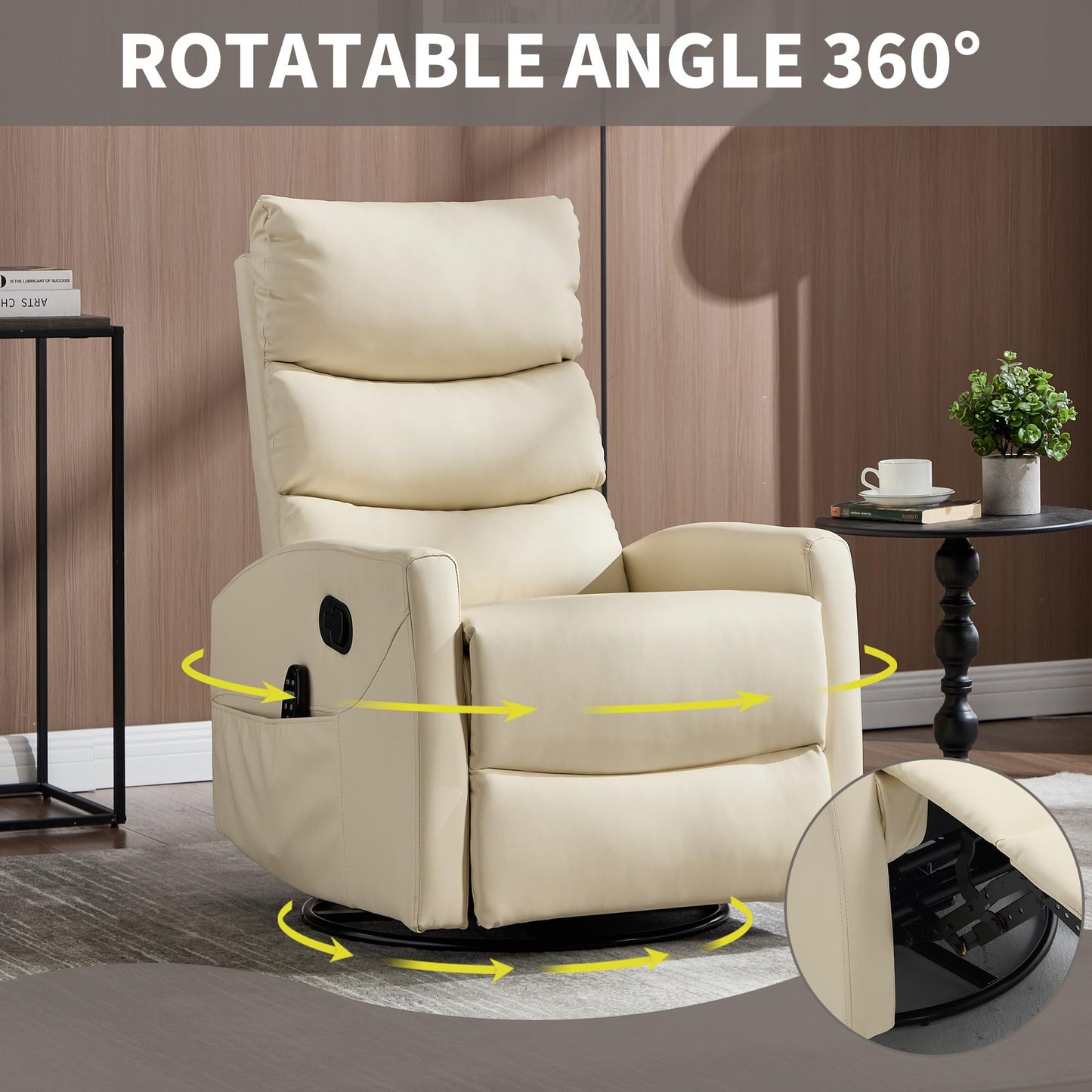 KEIKI 4-in-1 Manual Swivel Rocker Recliner Chair for Home Living Room, Faux Leather Chair with Back Massager & Heat, Home Theater Seating with Lumbar Support, Recliner Office Chairs for Adults, Beige