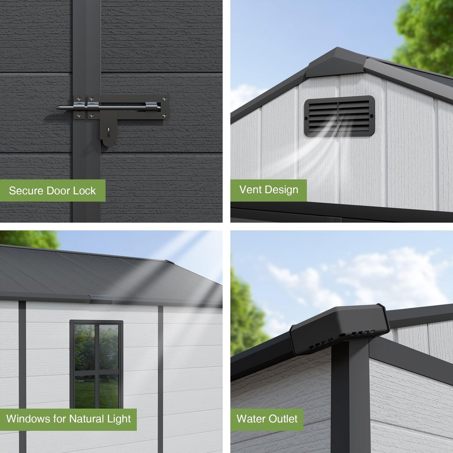 Greesum 8x10FT Resin Outdoor Storage Shed with Floor and Windows, All Weather Plastic Shed with Lockable Door & Vents for Garden, Backyard, Lawn, Light Gray