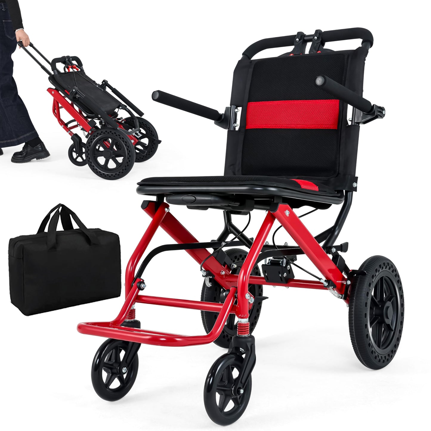 World's Lightest Transport Wheelchairs, 12'' Large Honeycomb Terrain Tire, Travel Wheelchairs with Telescopic Handle, Aluminum Wheelchair Support 220lbs, Lightweight Wheelchair with Travel Bag