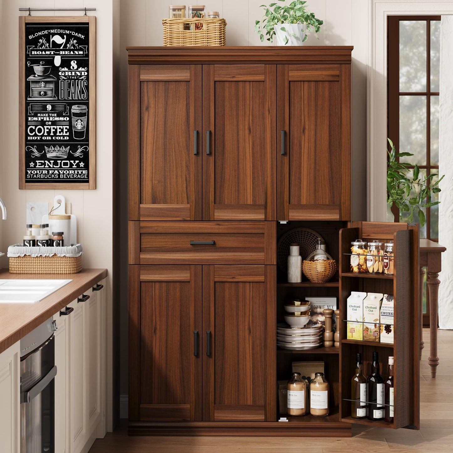 Garvee 70" Tall Kitchen Pantry Storage Cabinet, Modern Kitchen Hutch Cabinet with Doors and Shelves, Freestanding Food Pantry with Large Storage Drawer for Dining Room and Household Organization